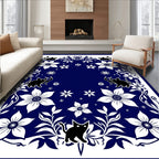 Whimsical Black Cats Floral Border Pattern Rug