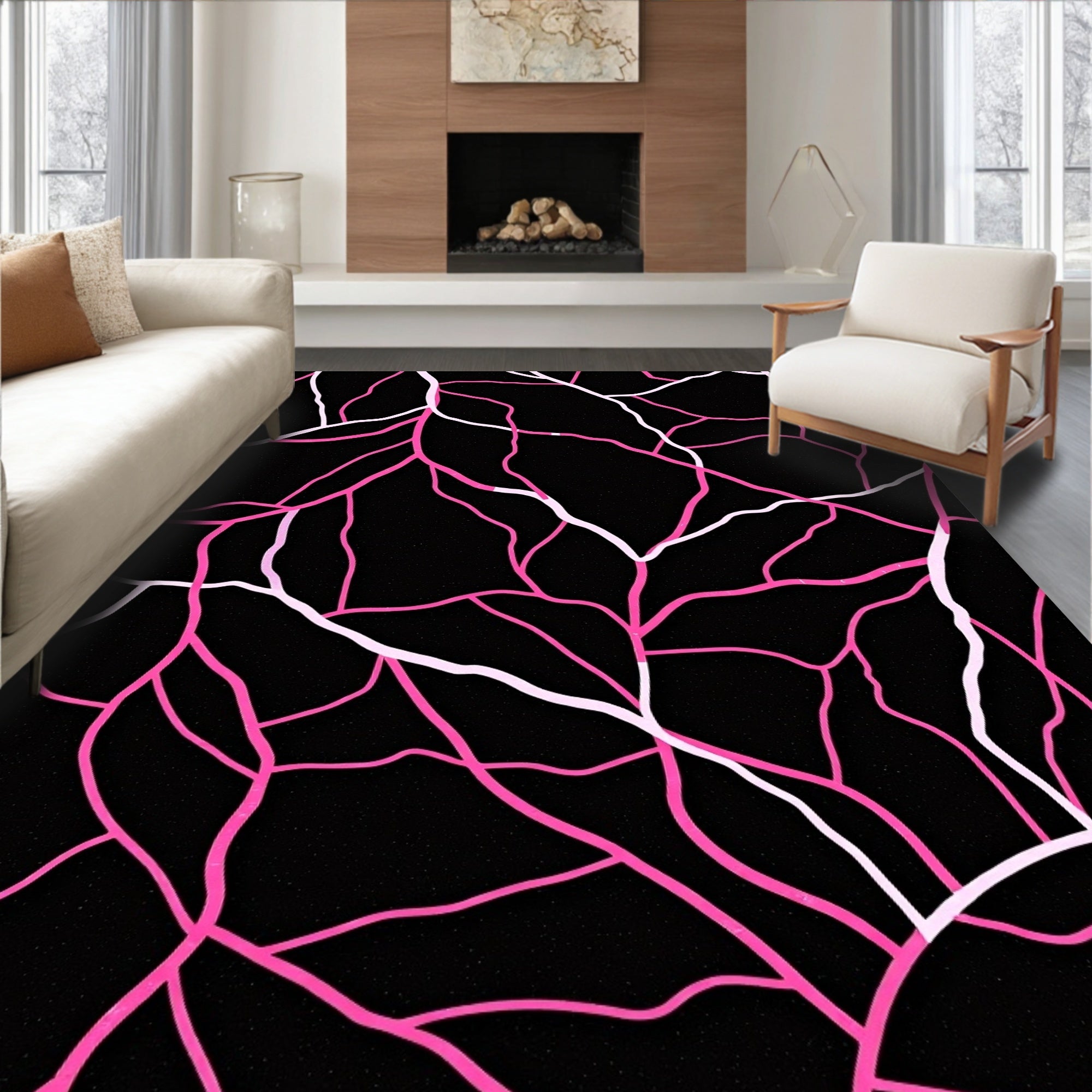 Abstract Pink White Vein Pattern Rug