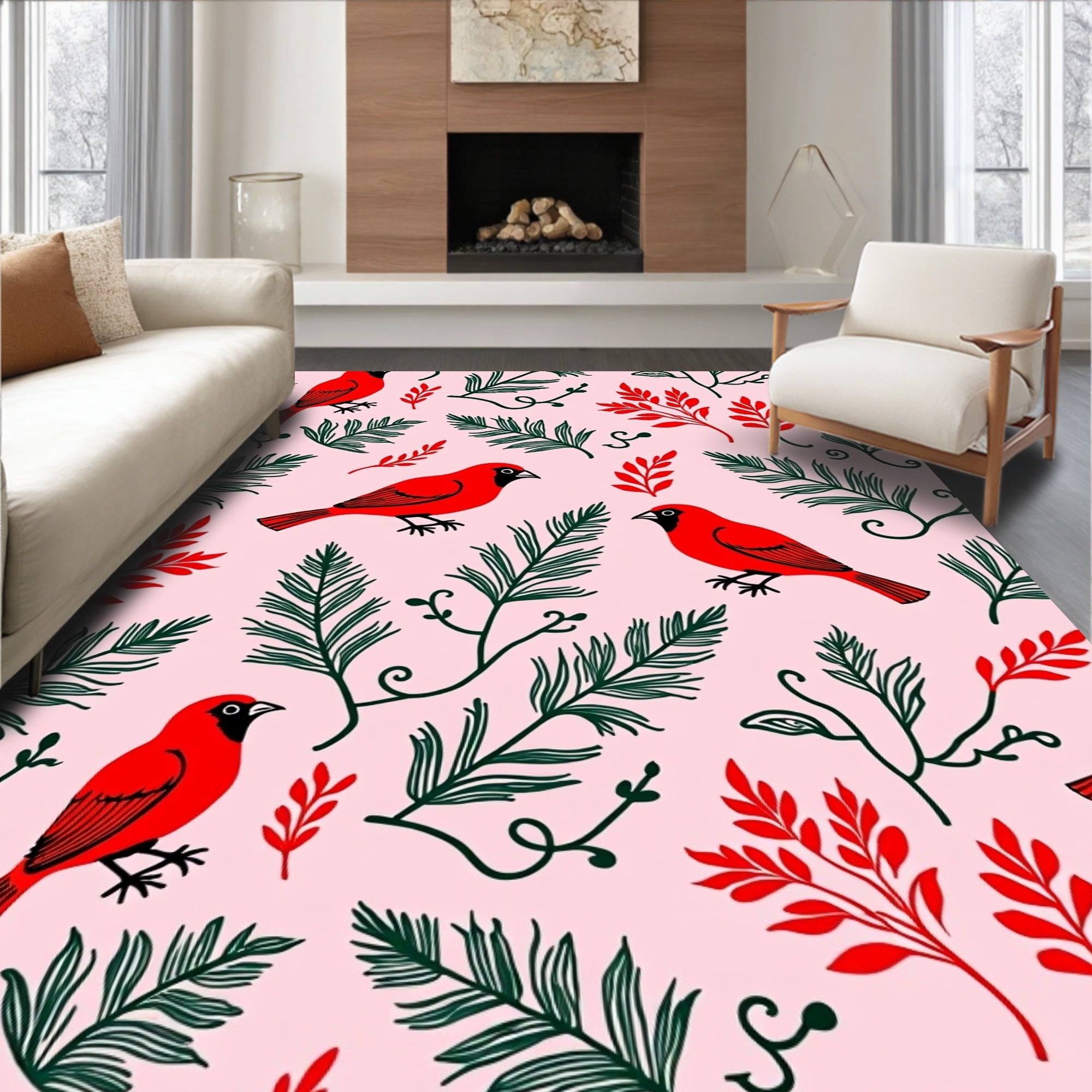 Red Cardinal With Green Foliage Pattern Rug