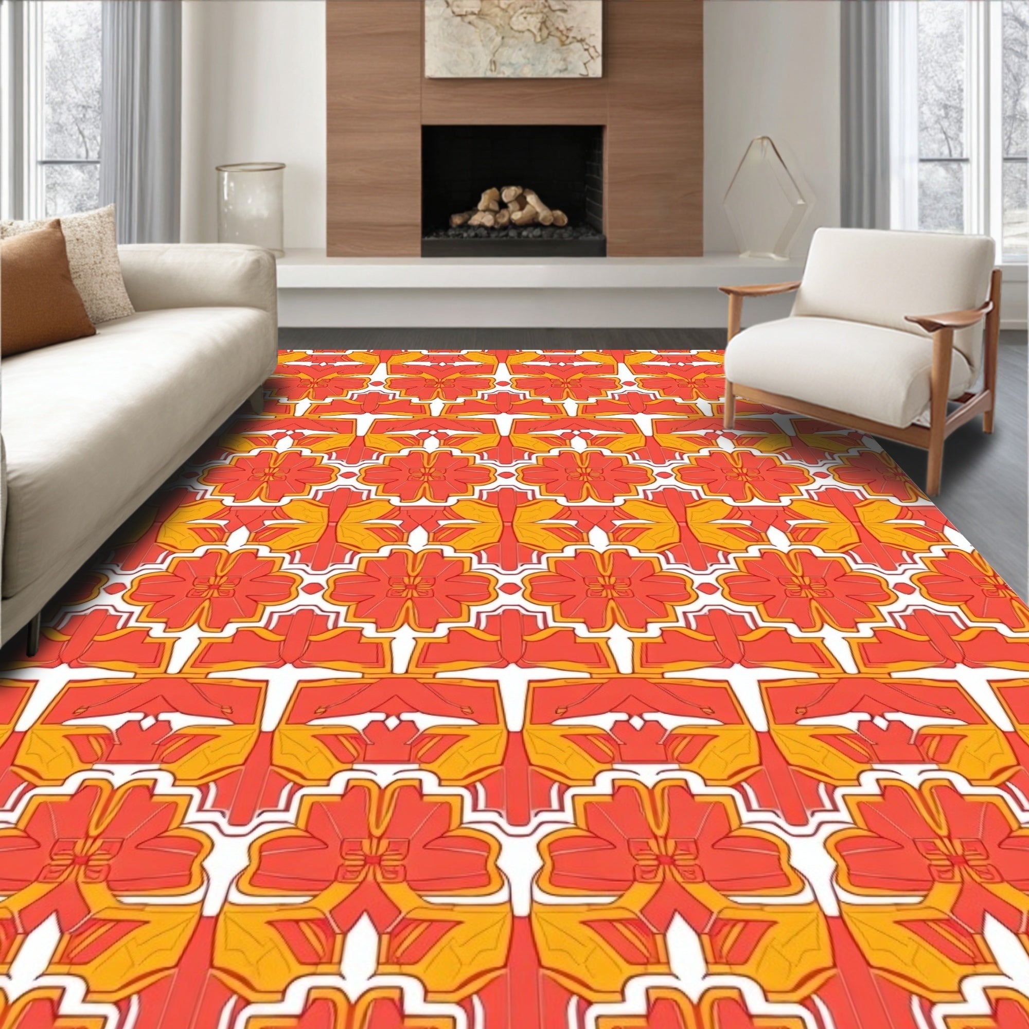 Orange Yellow Floral Geometric Pattern Rug