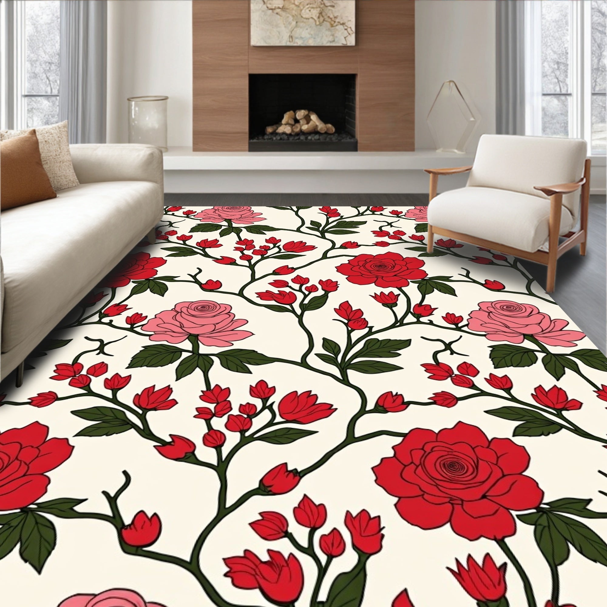 Classic Red Pink Rose Floral Design Rug