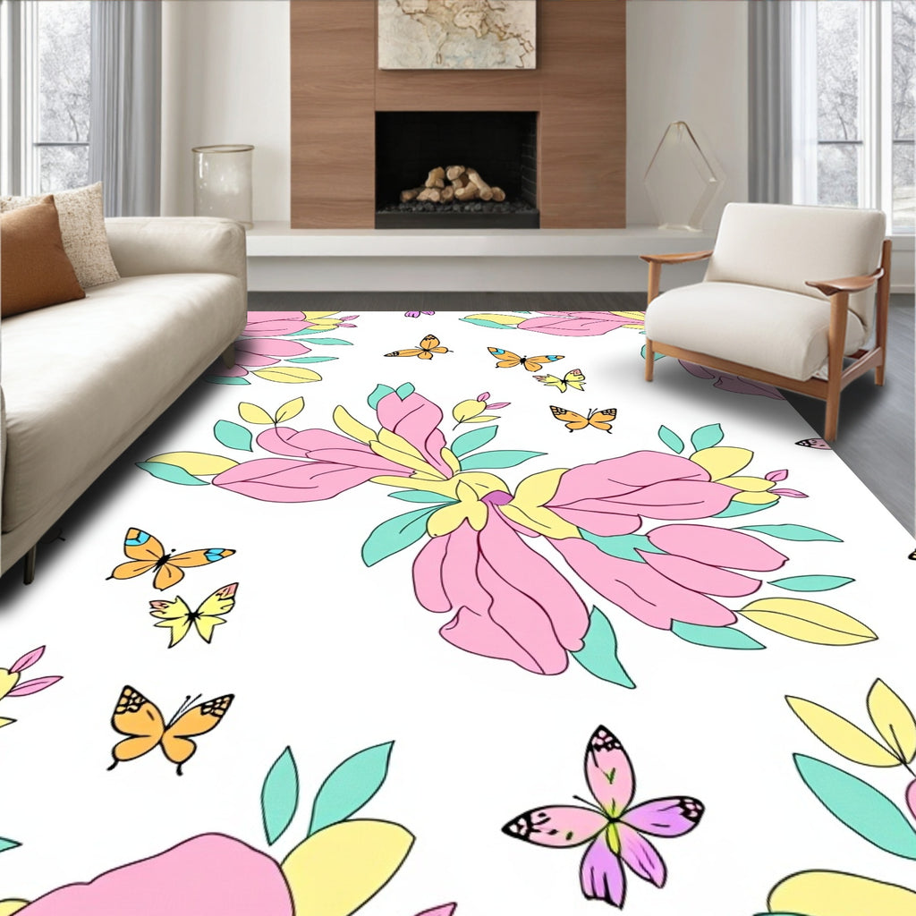 Pastel Butterfly Floral Whimsical Design Rug
