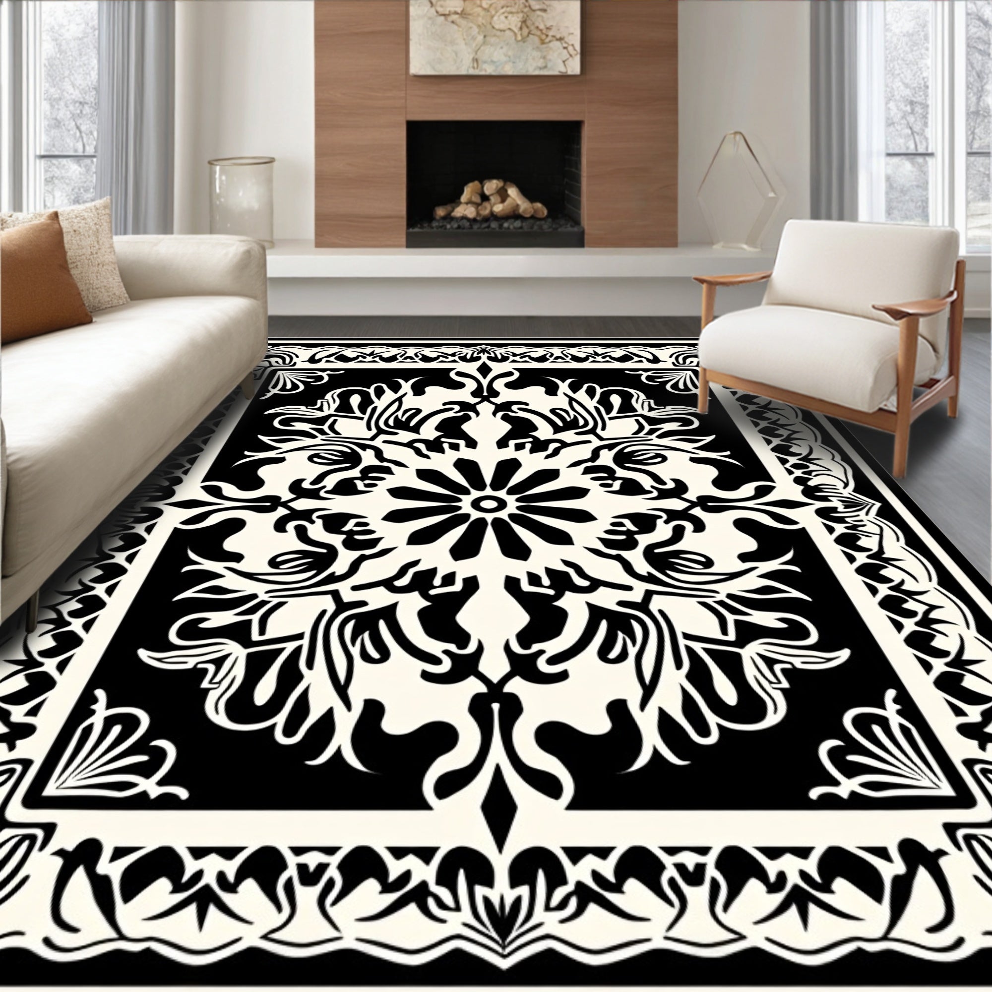 Black and Cream Ornamental Medallion Design Rug