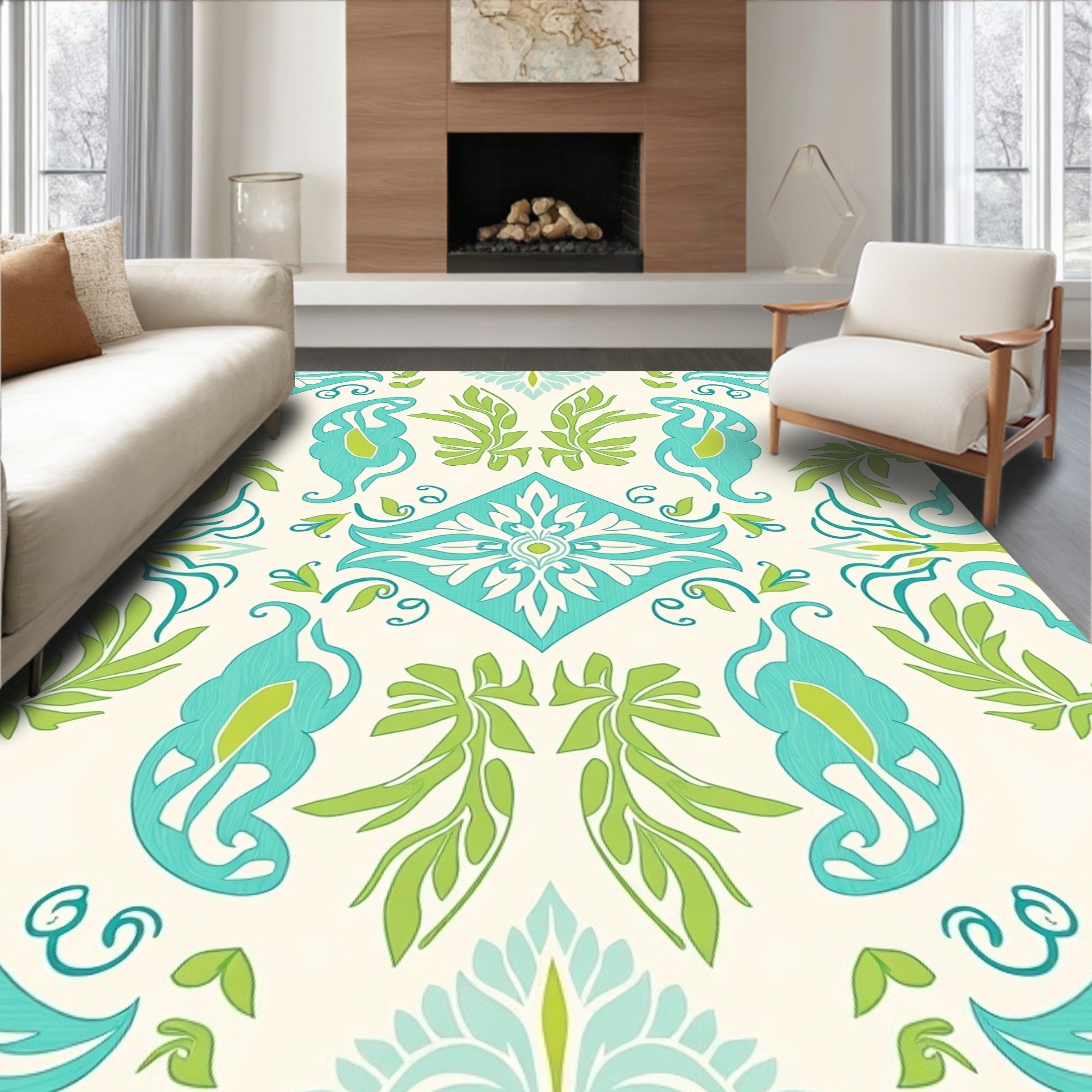 Eclectic Teal Green Floral Pattern Rug