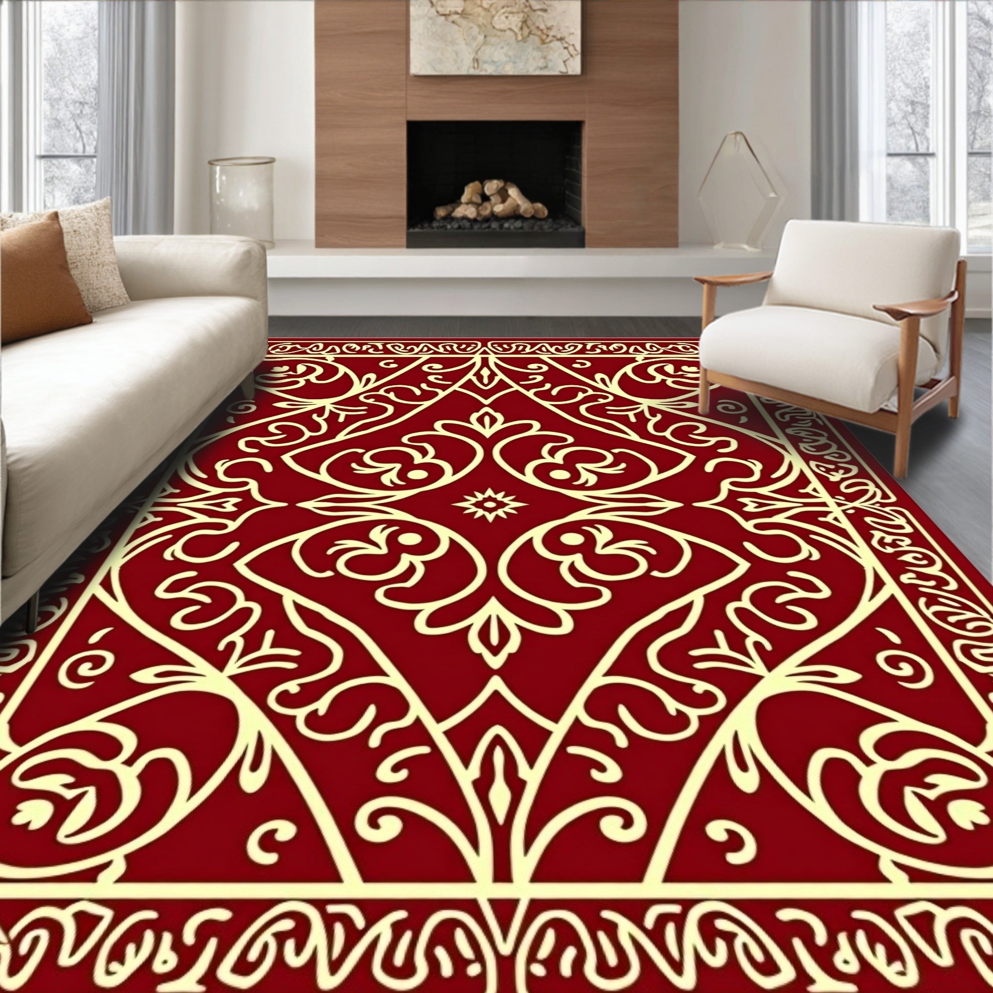 Elegant Red Cream Floral Medallion Rug