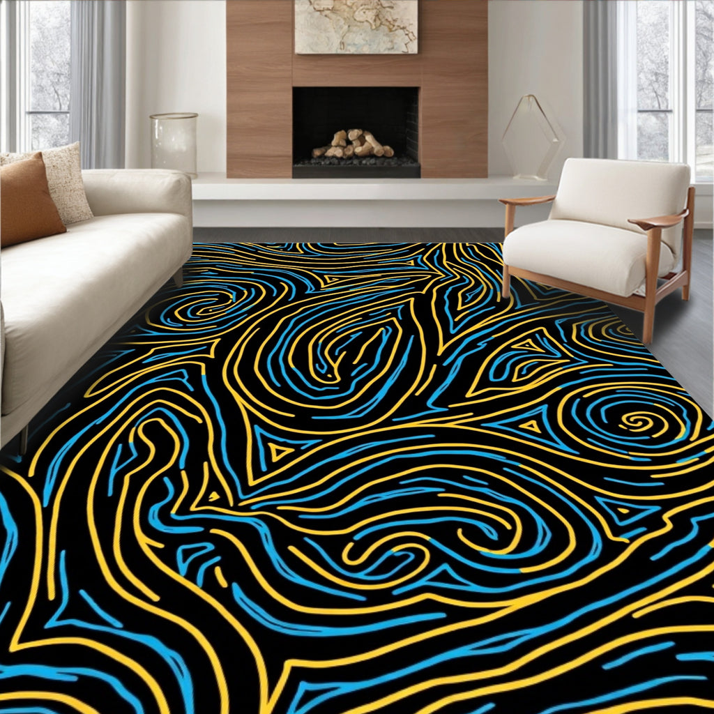 Wavy Blue Yellow Lines Pattern Rug