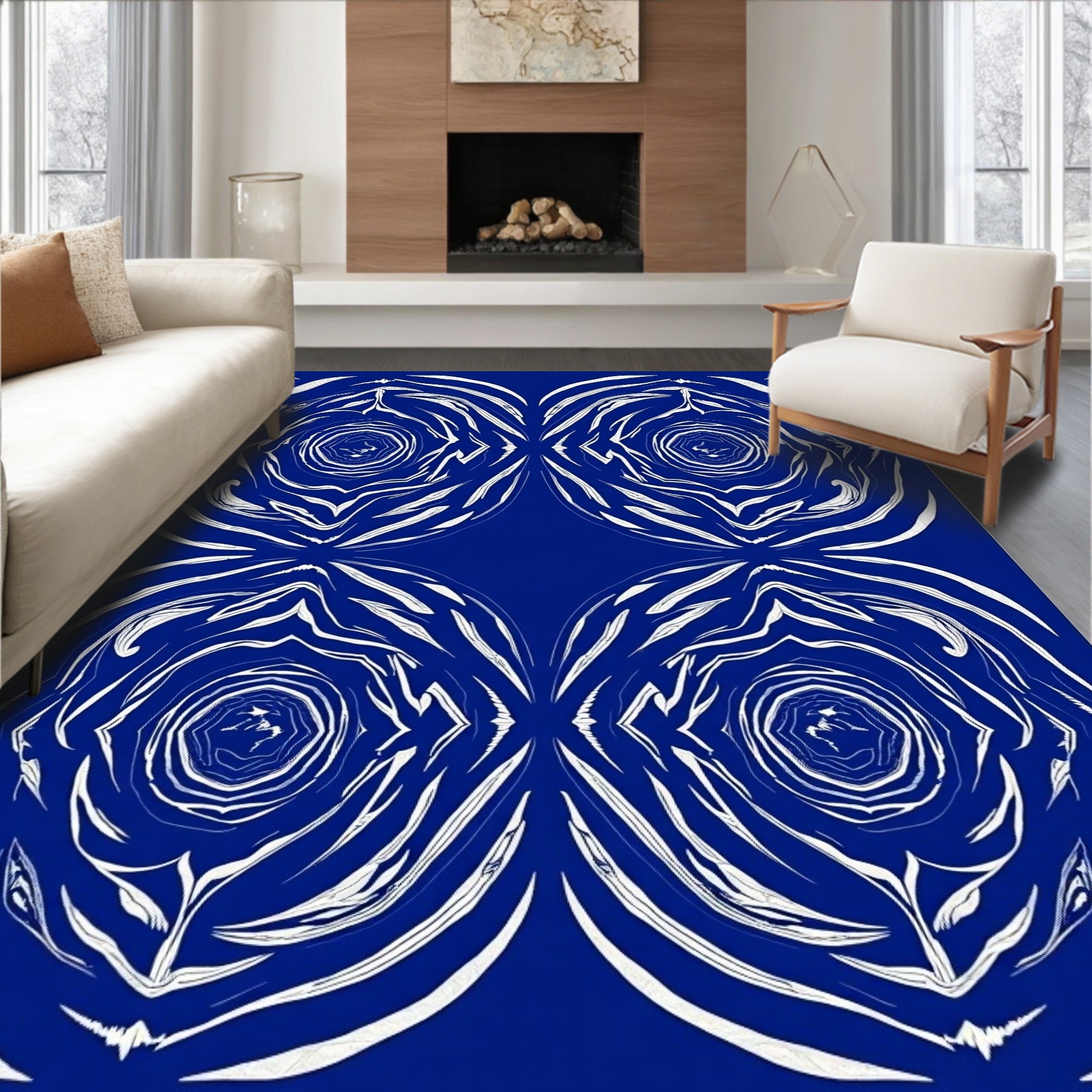 Abstract White Swirl Indigo Pattern Rug