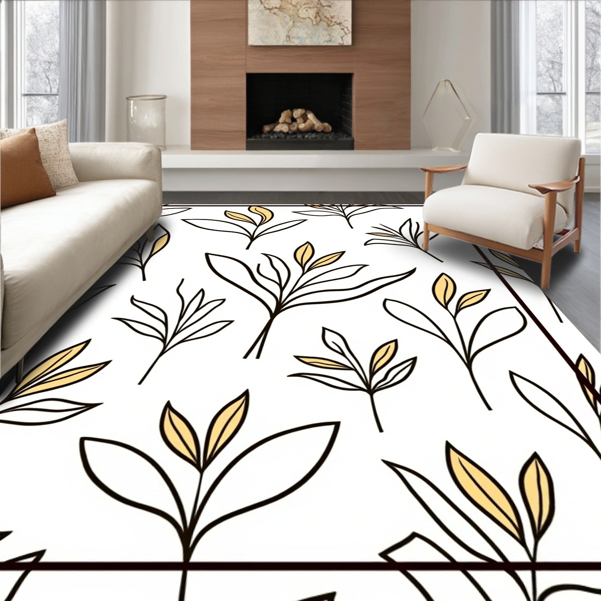 Line Art Botanical Leaf Pattern Rug