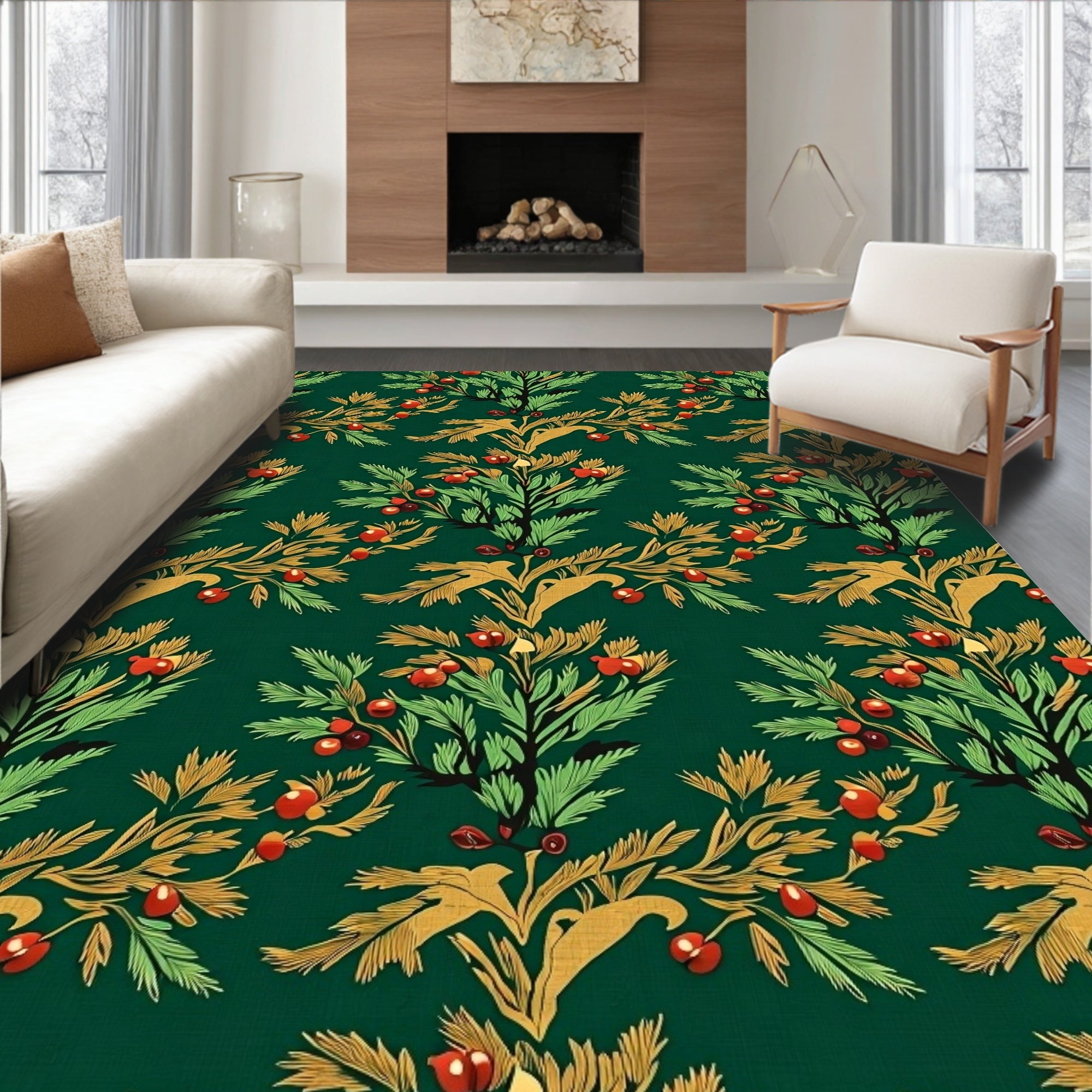 Green Red Gold Floral Vine Pattern Rug