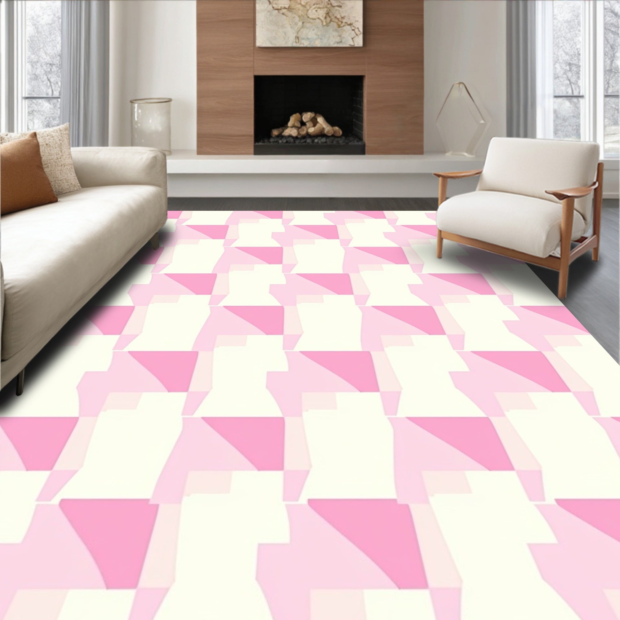 Pink Neutral Geometric Abstract Pattern Rug