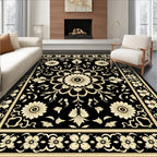 Ornate Floral Black Cream Pattern Rug