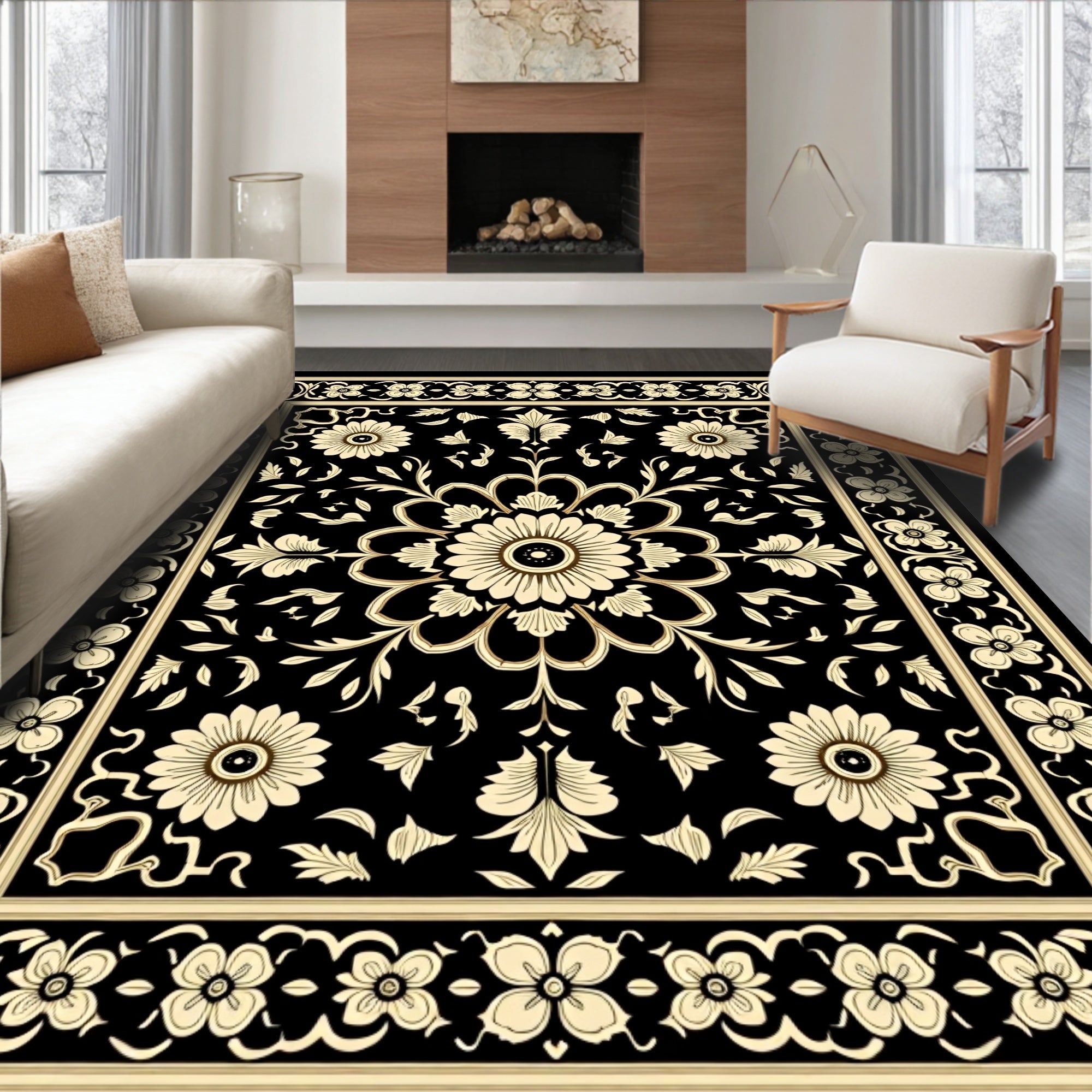 Ornate Floral Black Cream Pattern Rug