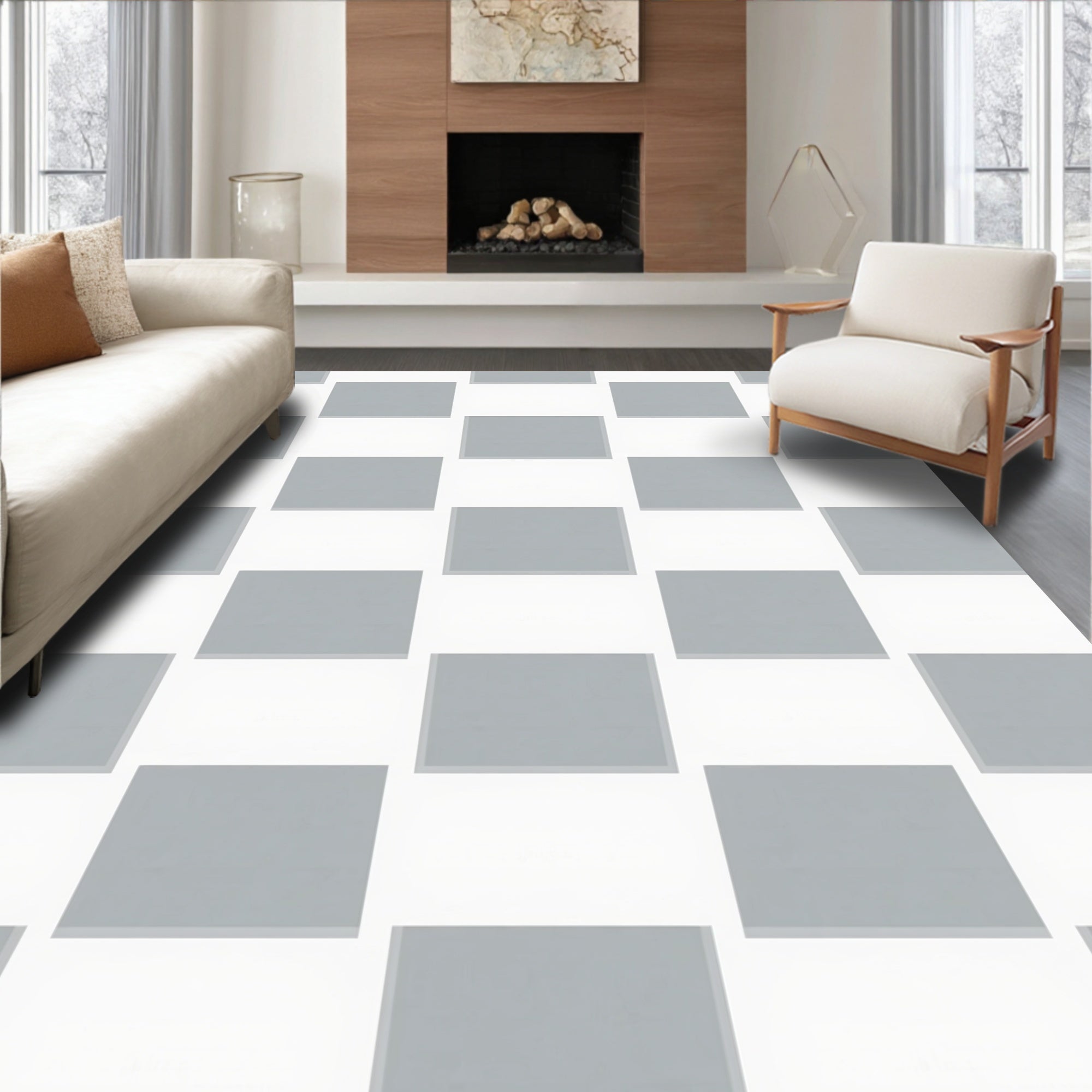 Alternating Grey White Rectangle Pattern Rug