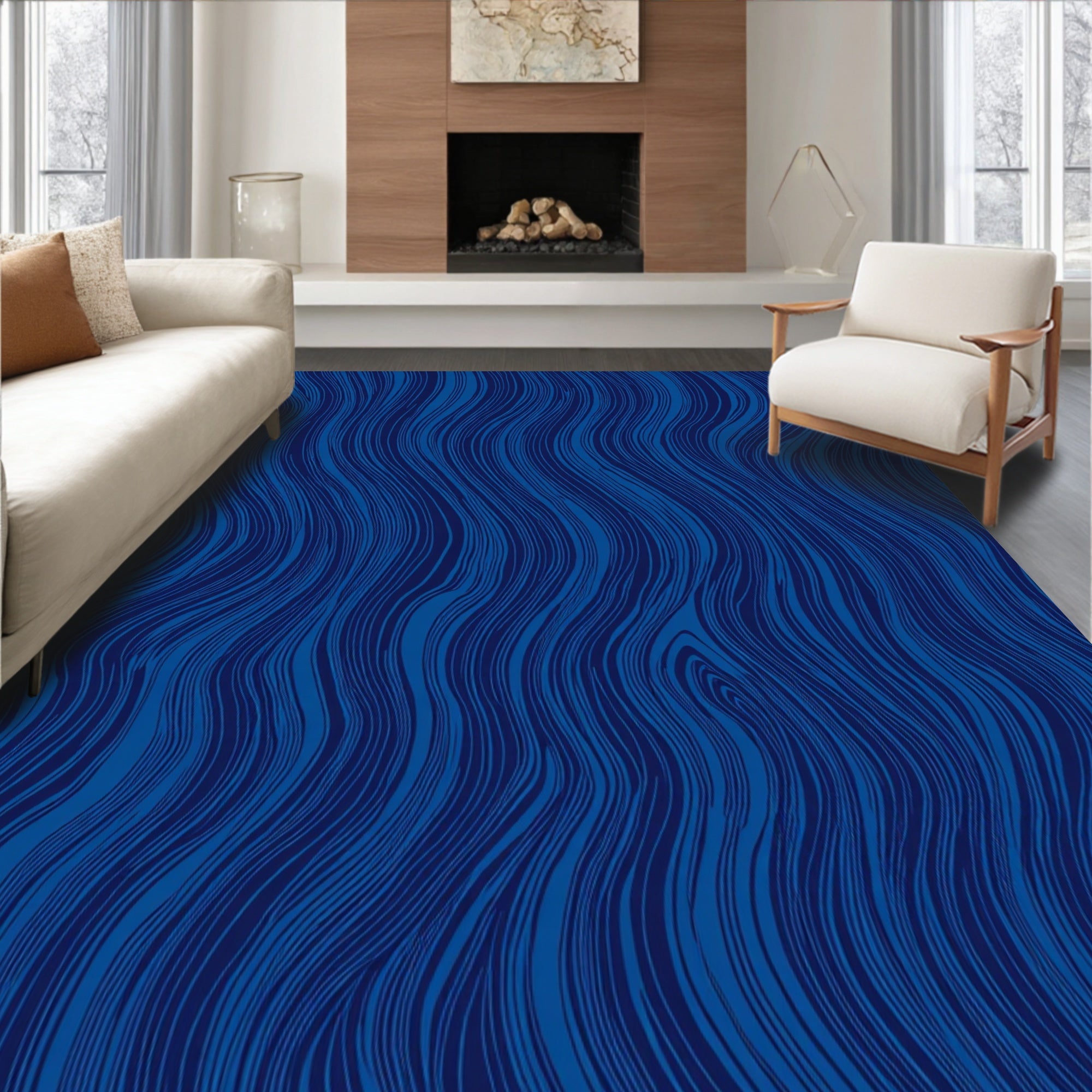Deep Blue Wavy Line Pattern Rug