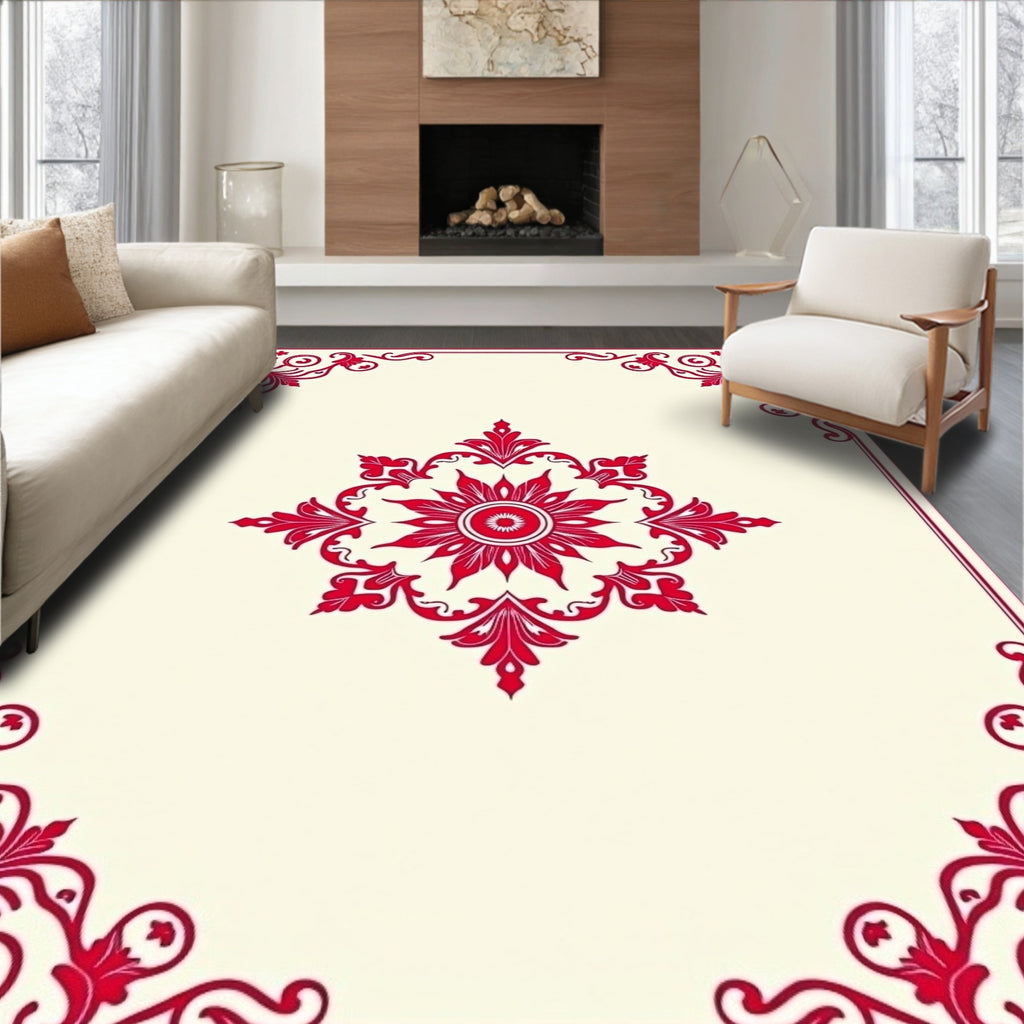 Red Floral Scroll Inspired Centerpiece Rug