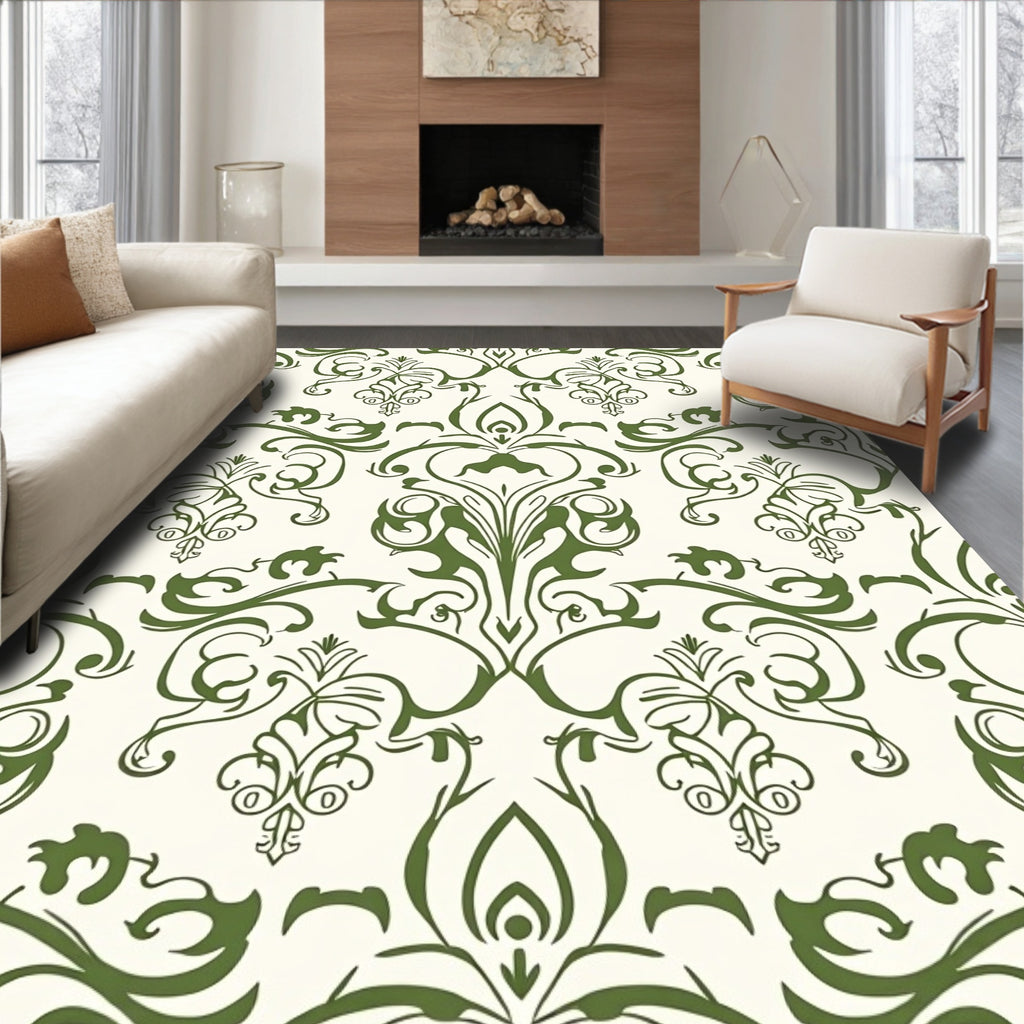 Green Floral Damask Pattern Rug