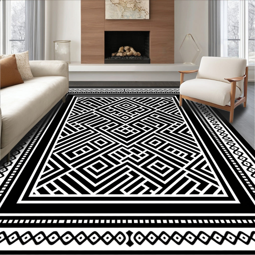 Black White Geometric Maze Inlay Rug
