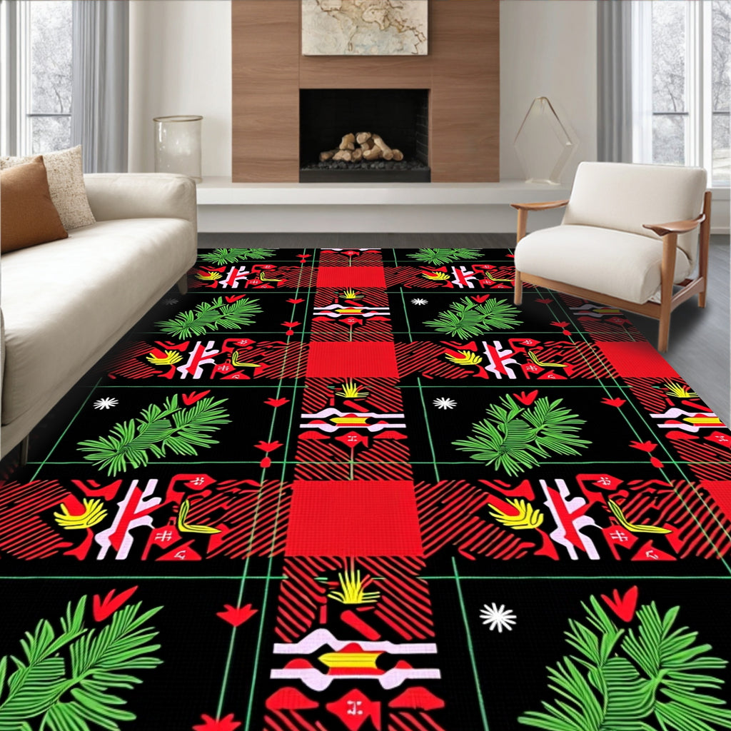 Red Black Green Abstract Floral Plaid Rug