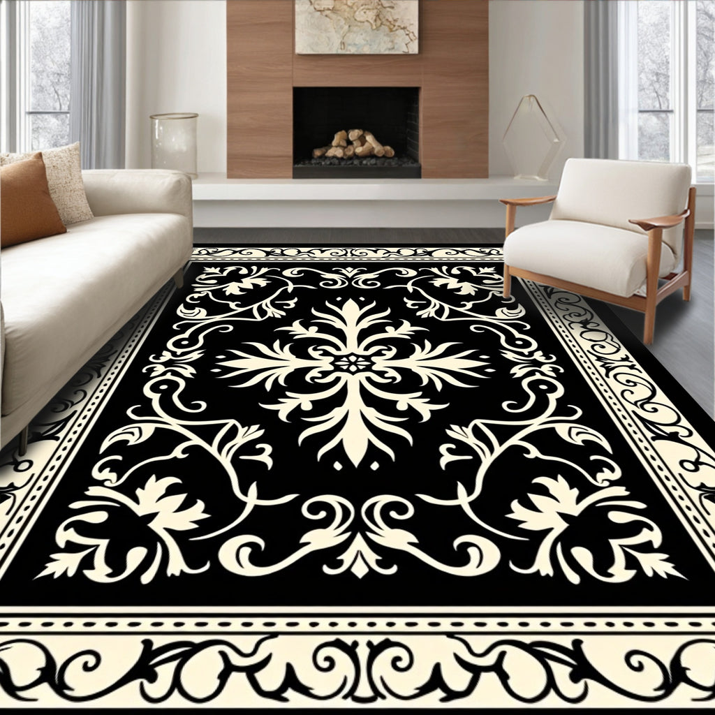 Black Cream Arabesque Flourish Pattern Rug