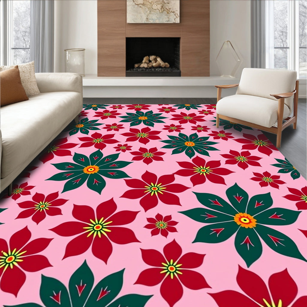 Red Green Floral Print Rug