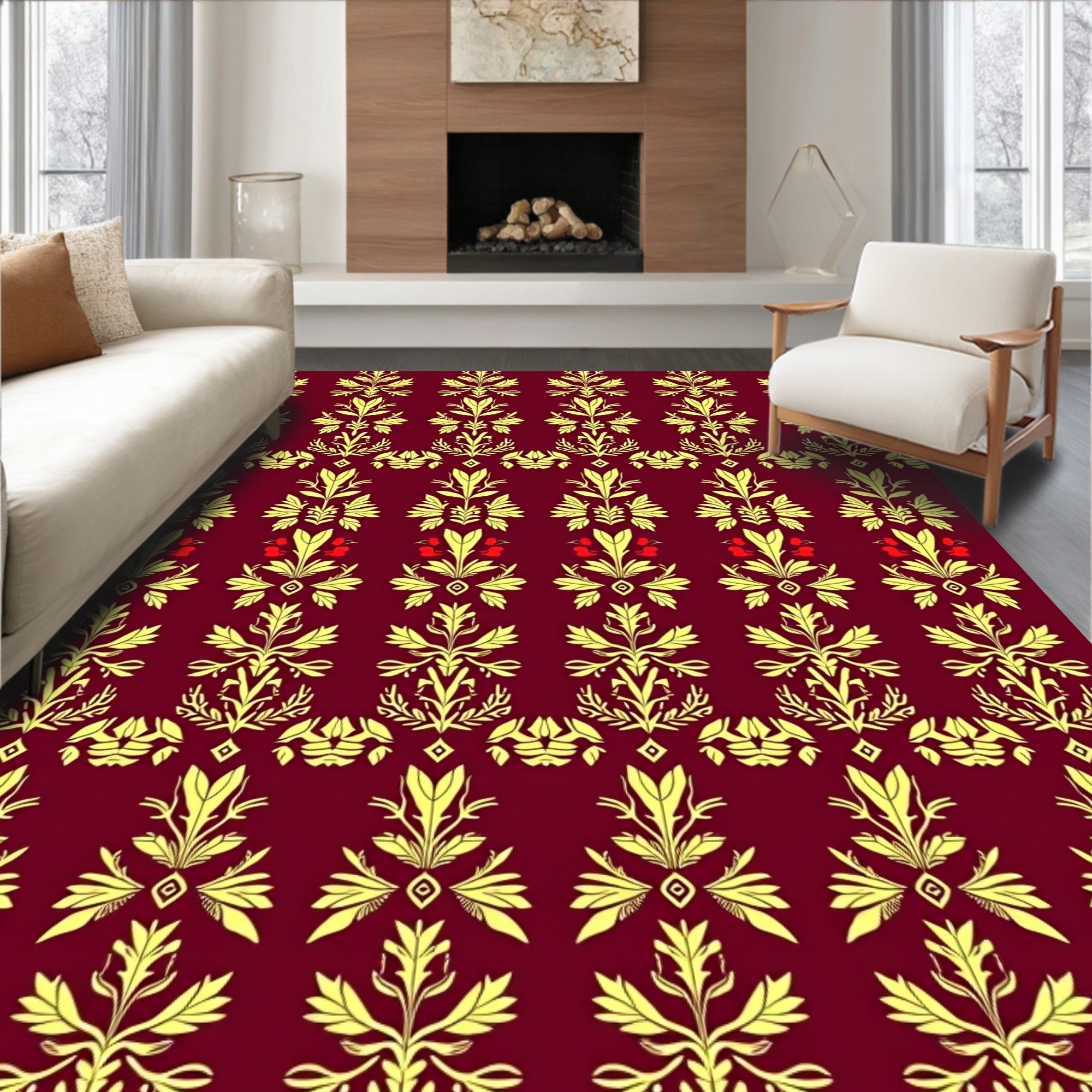 Maroon Gold Floral Botanical Pattern Rug