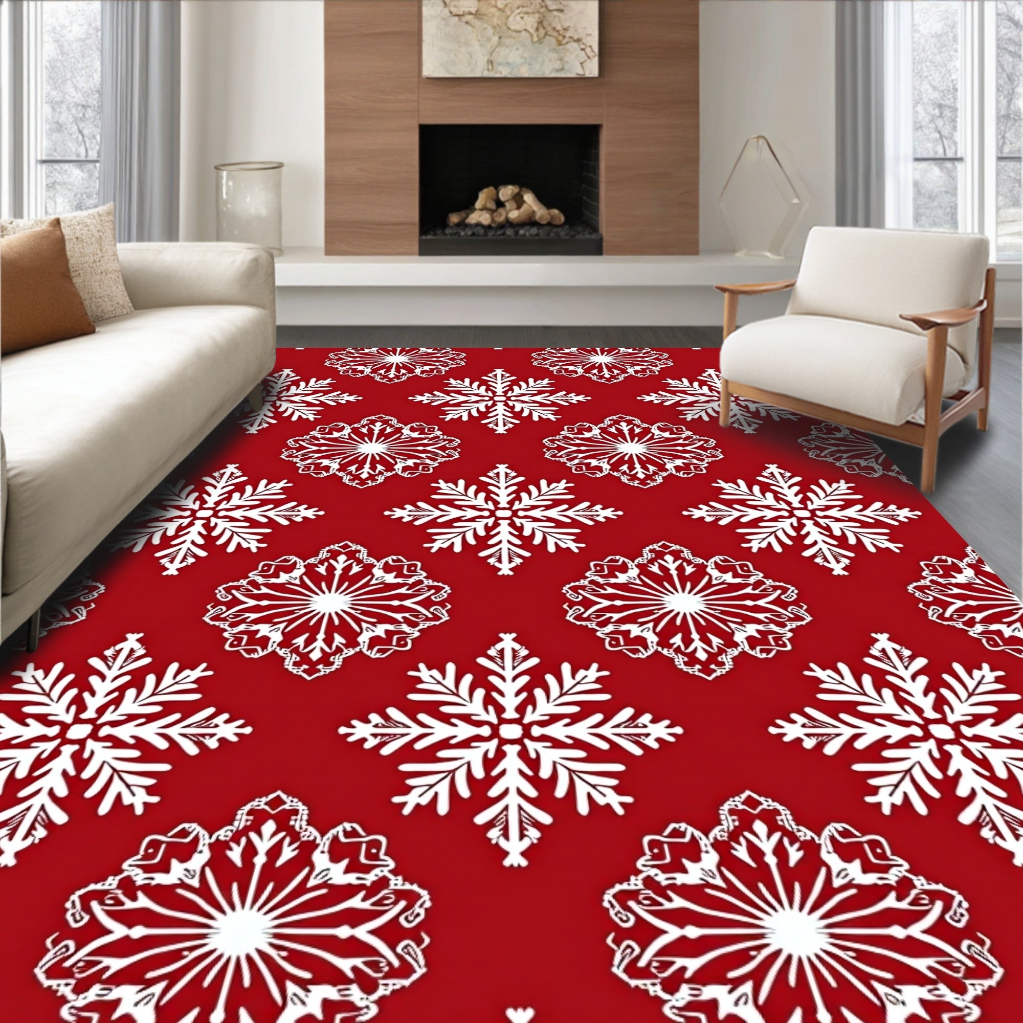 Red White Snowflake Pattern Rug