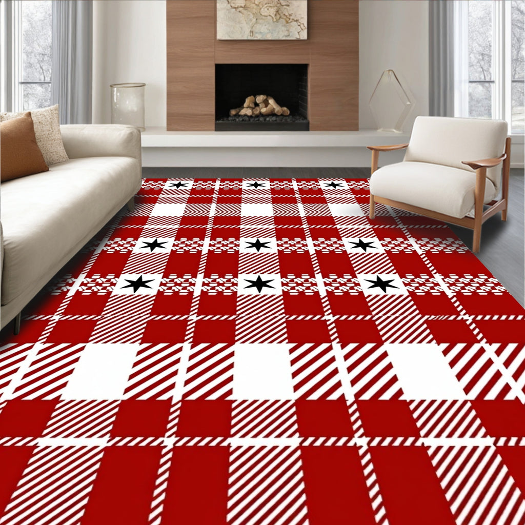 Red Plaid Star Pattern Rug