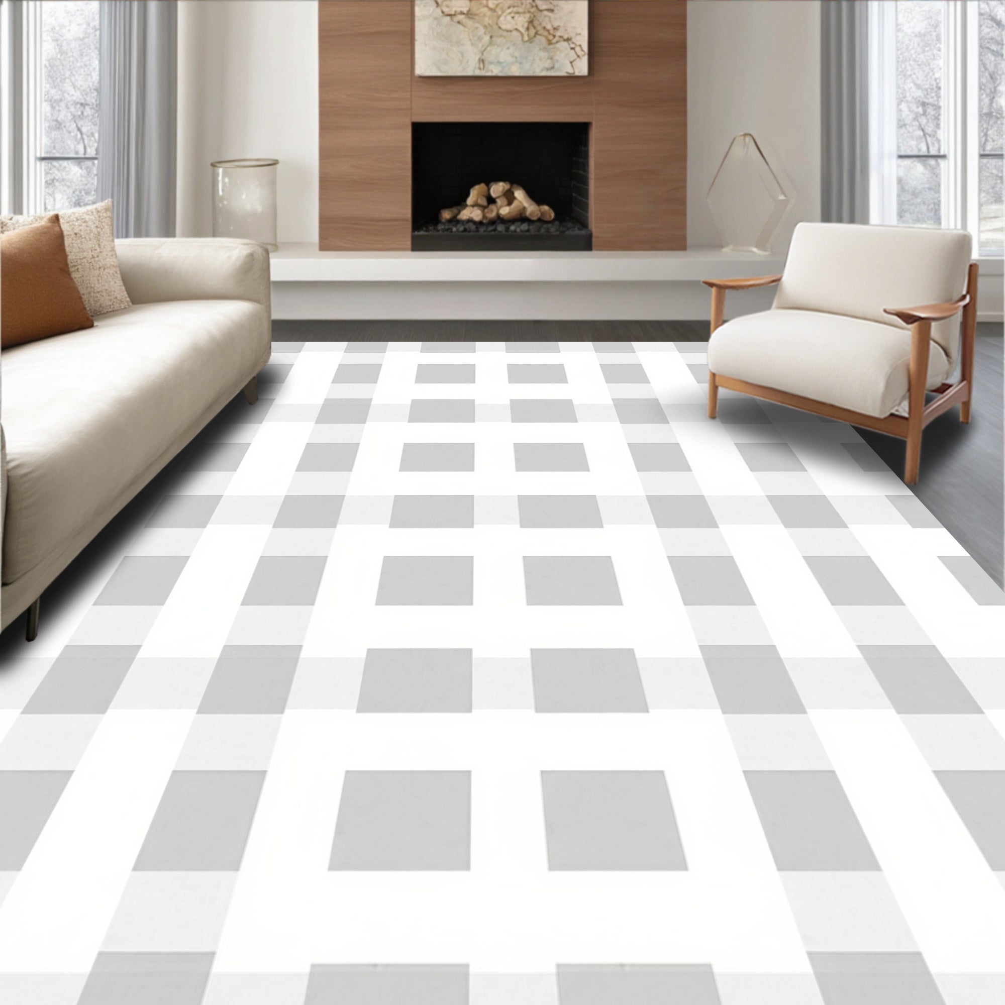 Classic Grey Gingham Check Pattern Rug
