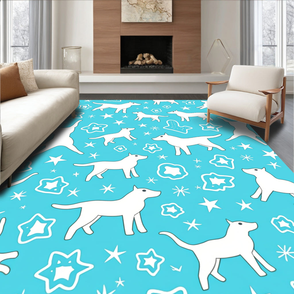 Playful White Dogs Stars Pattern Rug