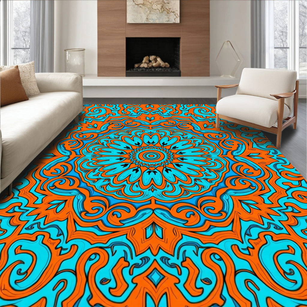 Bright Orange Cyan Mandala Pattern Rug