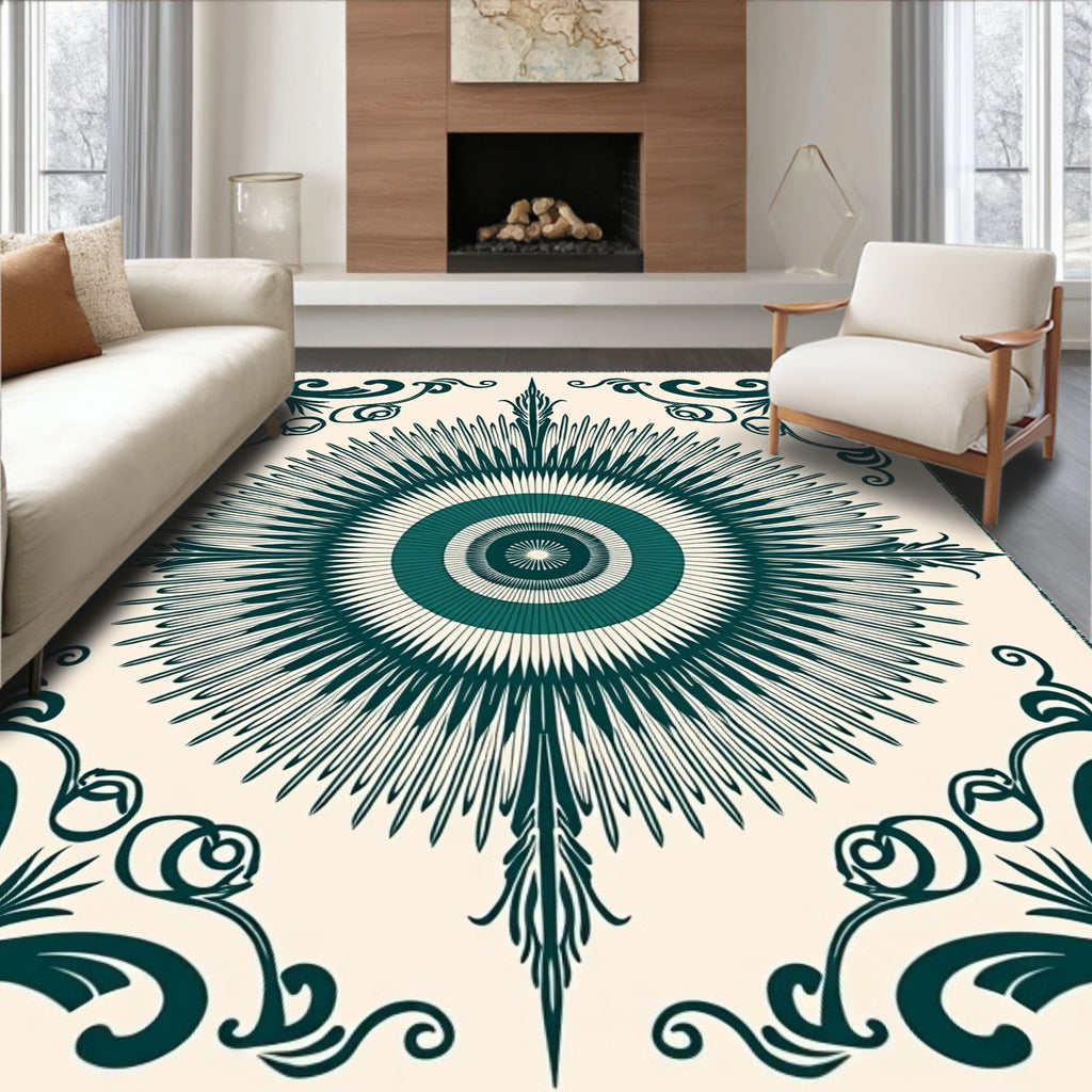 Radiant Sunburst Scrollwork Design Rug