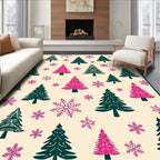 Whimsical Green Pink Trees Snowflakes Rug