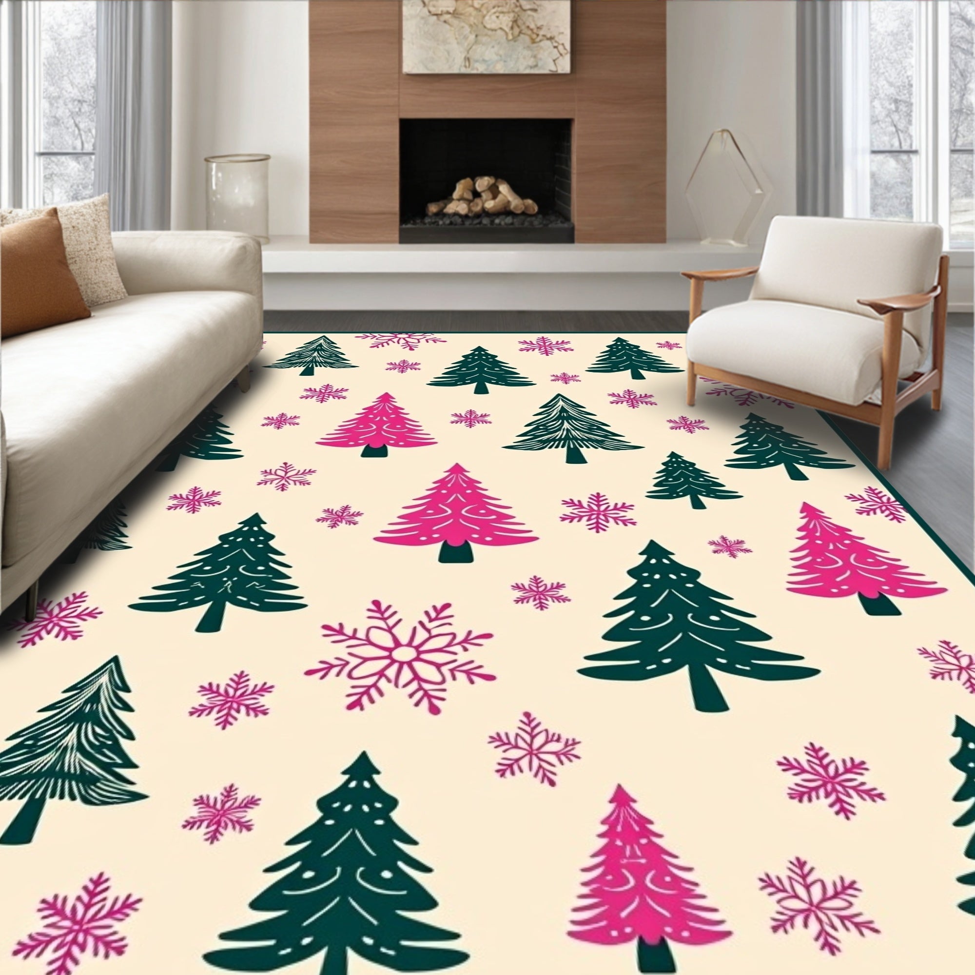 Whimsical Green Pink Trees Snowflakes Rug