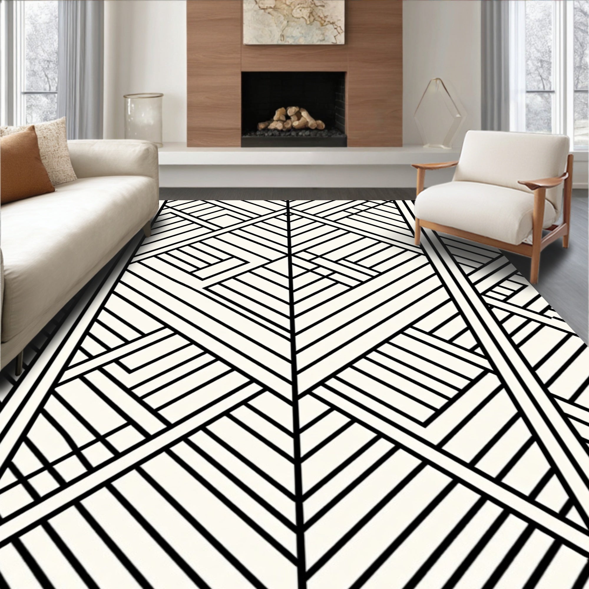 Modern Black White Geometric Design Rug