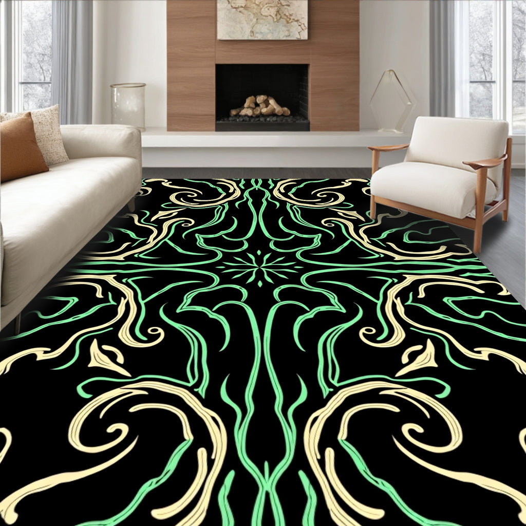 Art Nouveau Emerald Swirls Cream Rug