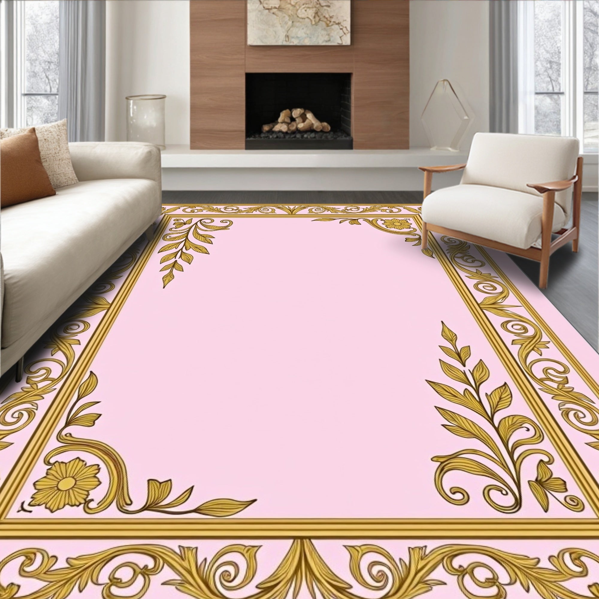 Ornate Gold Floral Scroll Border Rug