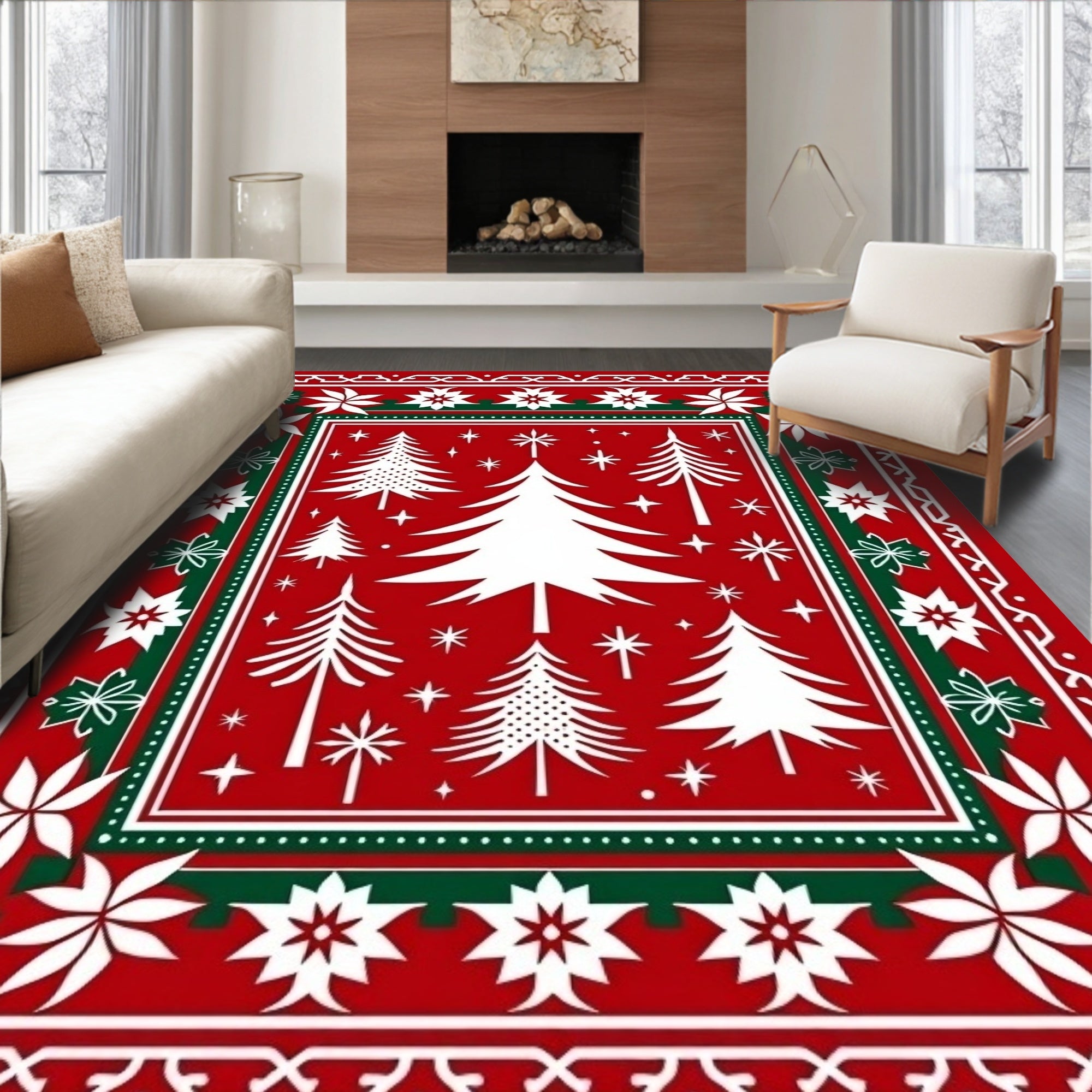 Festive Red Pine Tree Folk Art Rug