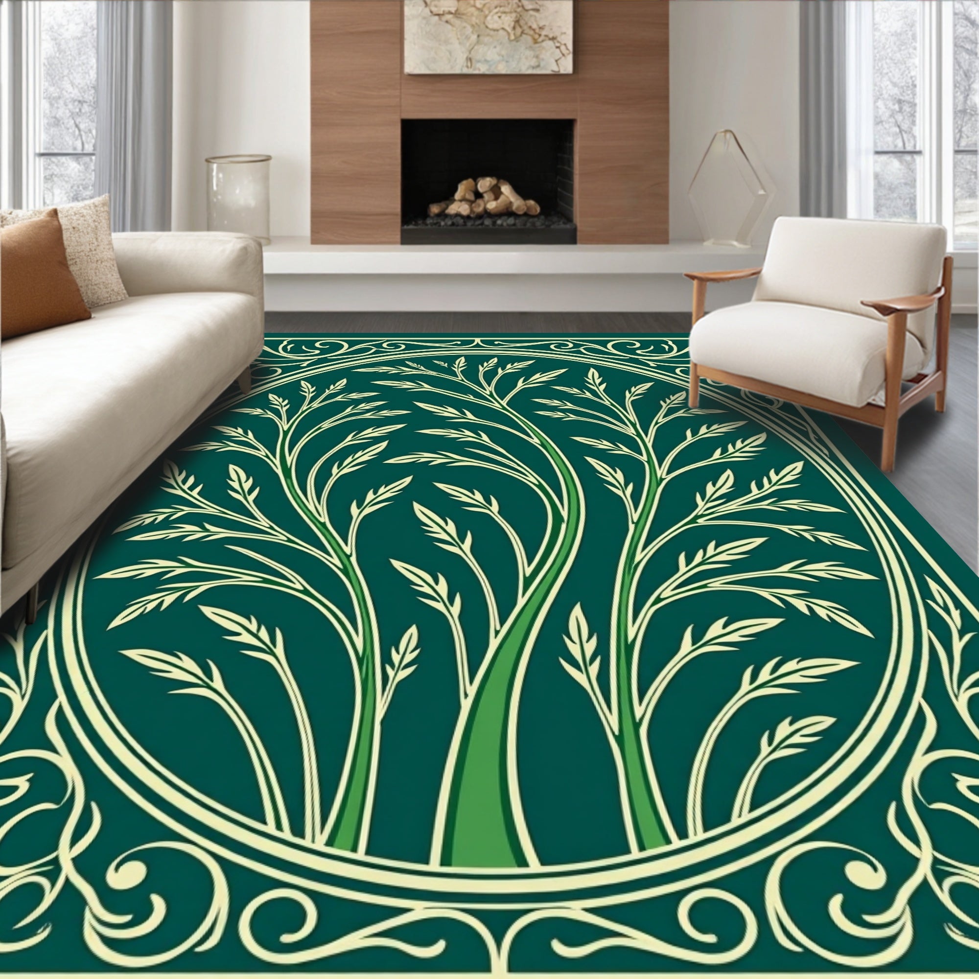 Elegant Green Floral Oval Design Rug