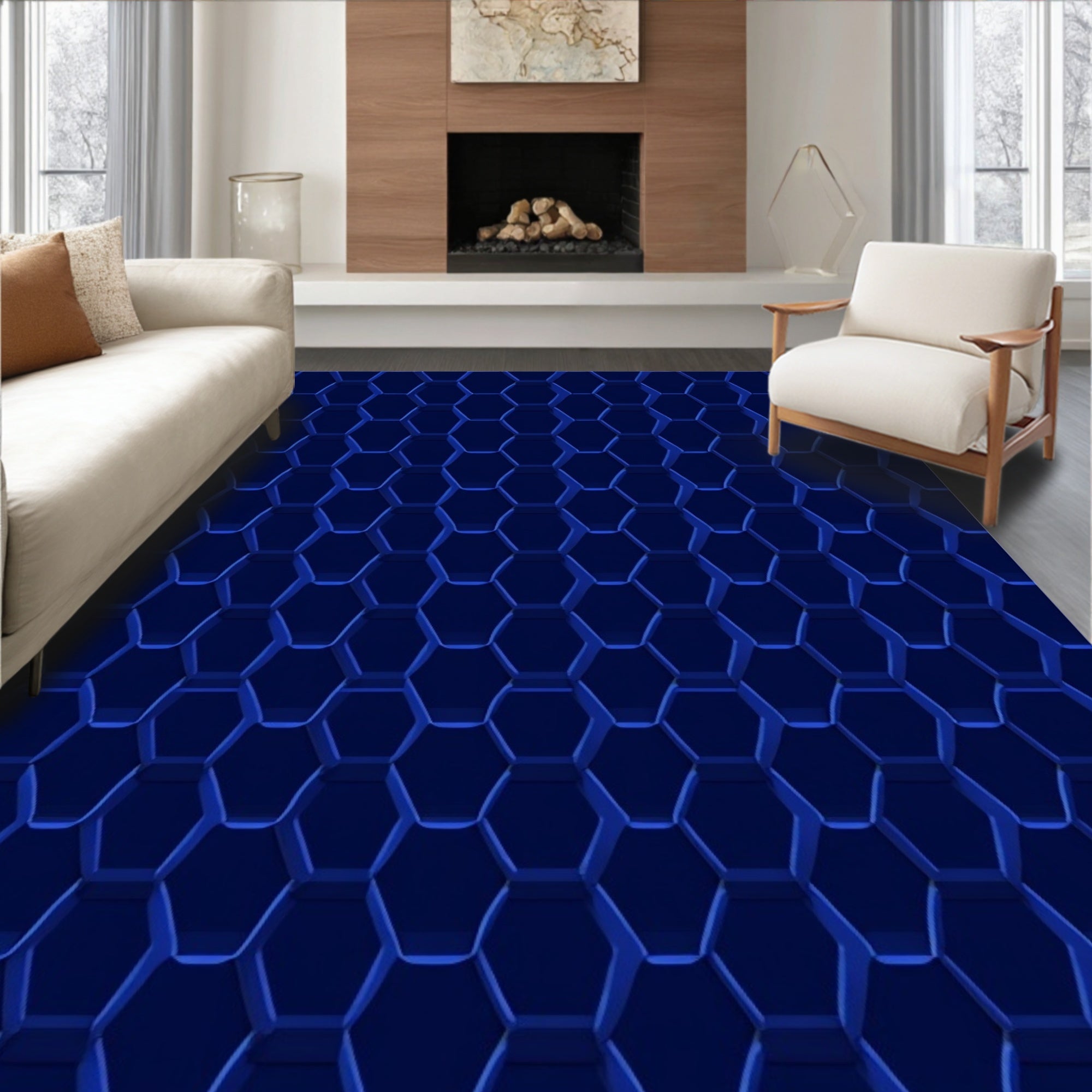 Deep Blue Hexagonal Geometric Pattern Rug