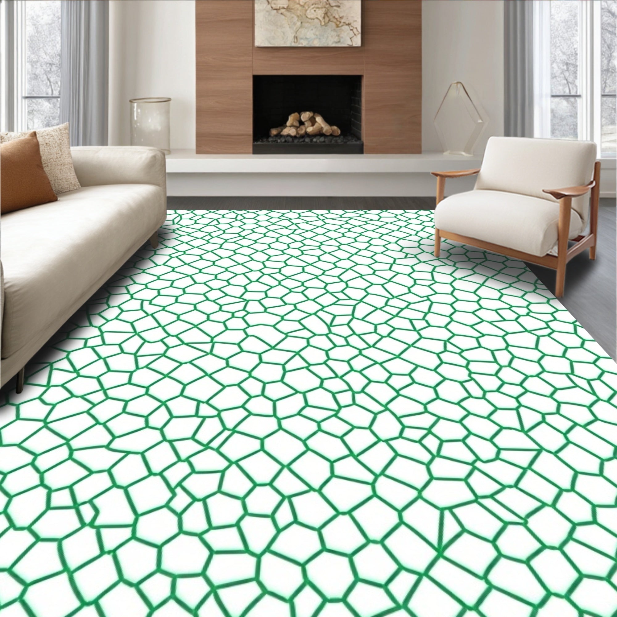 Green Irregular Geometric Web Pattern Rug