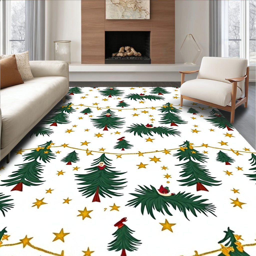 Festive Green Christmas Trees Gold Stars Rug