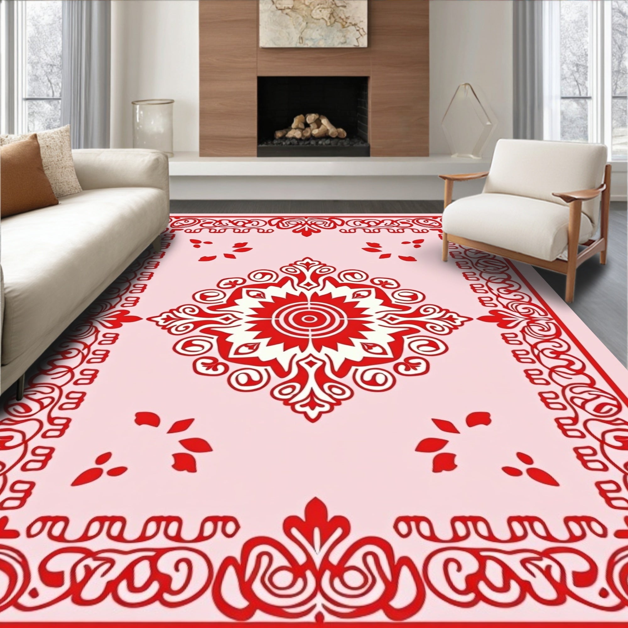 Red Scrollwork Central Floral Pattern Rug