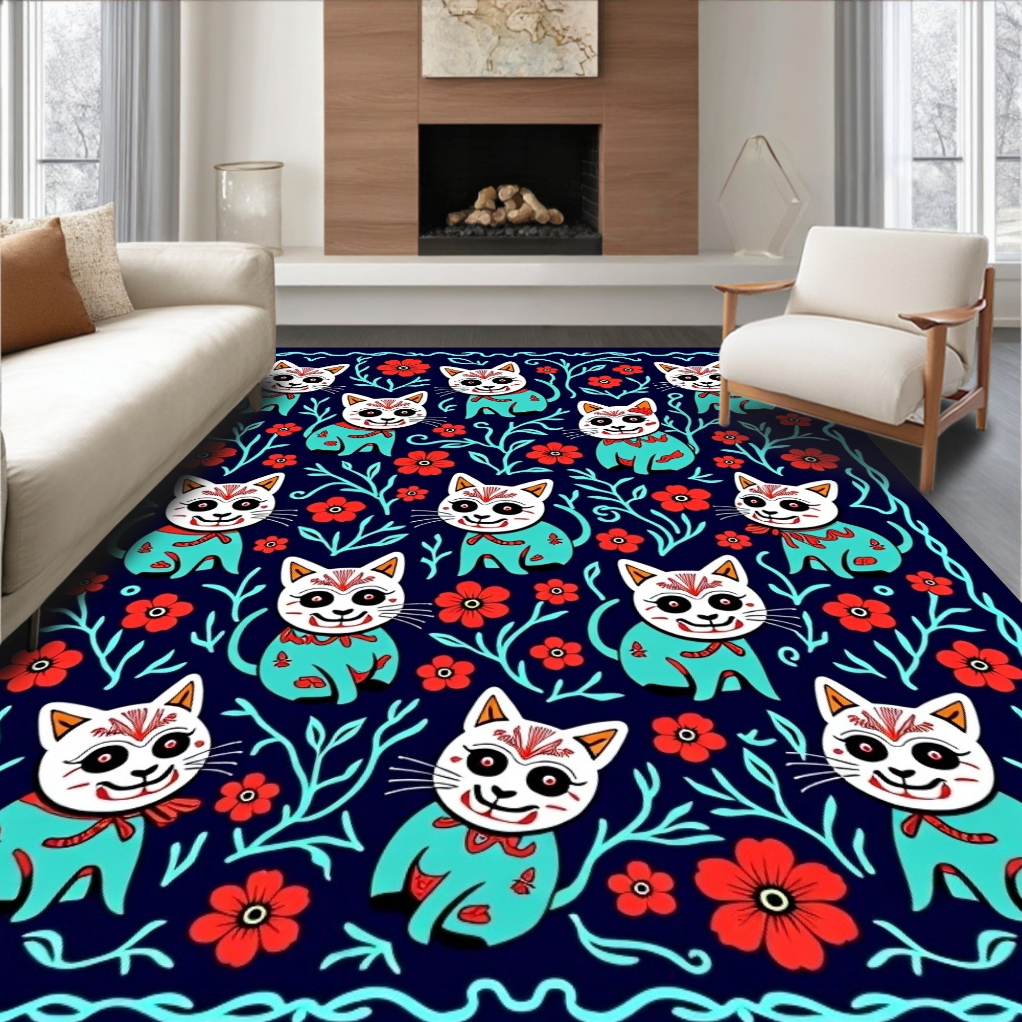 Cute Cat Floral Pattern Rug