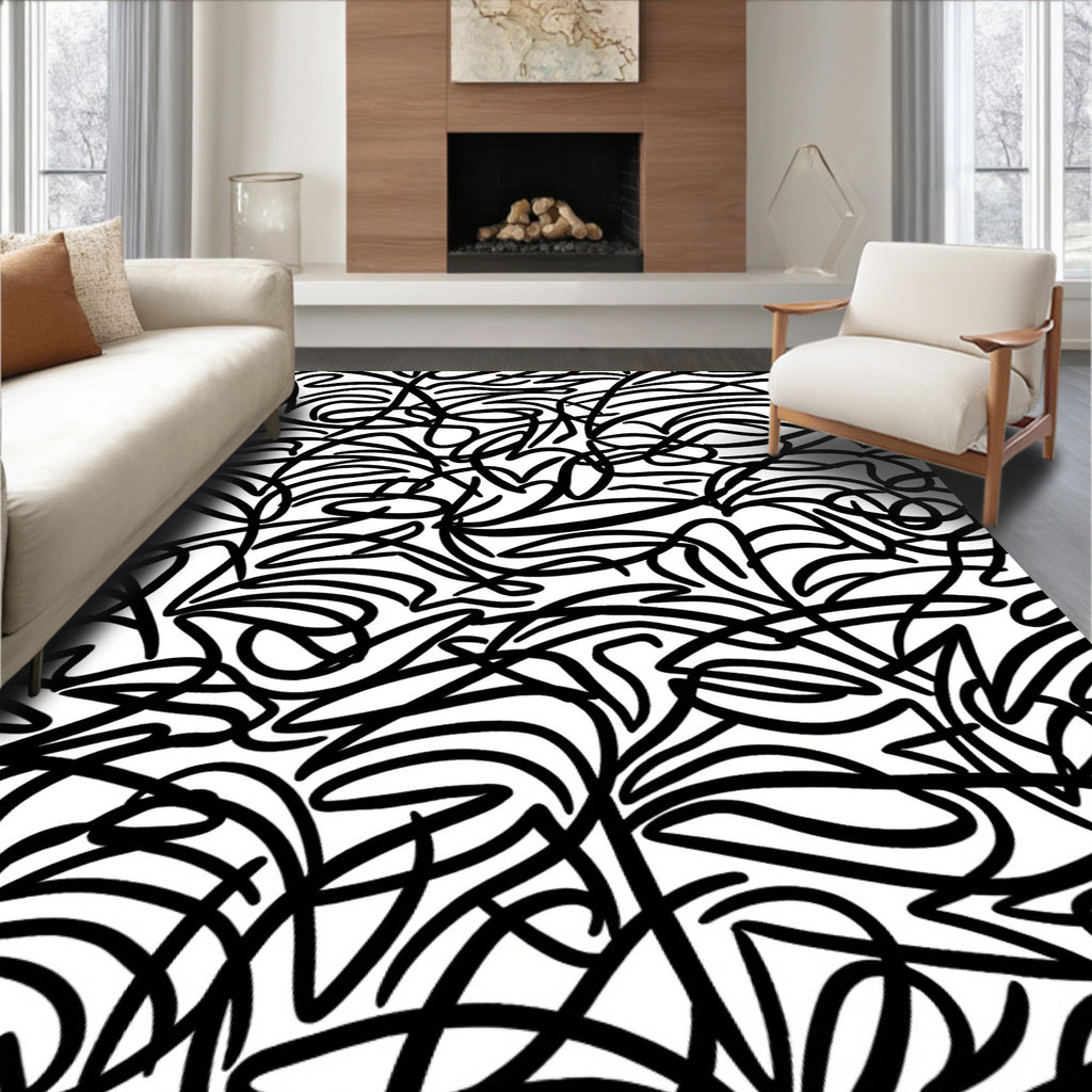 Bold Abstract Black White Lines Rug