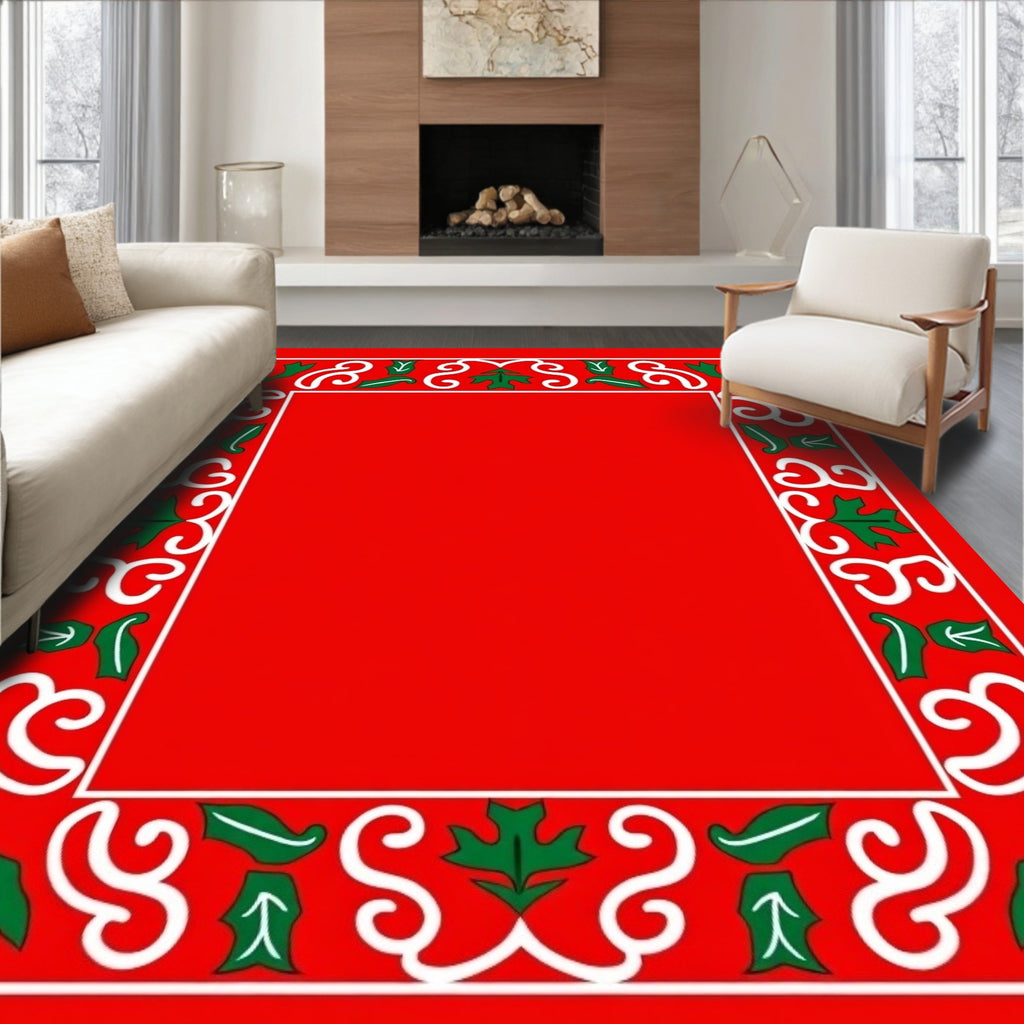 Festive Holly Leaf Swirls Border Design Rug