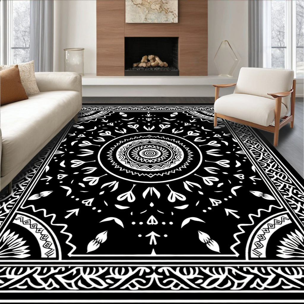 Black White Intricate Mandala Folk Rug