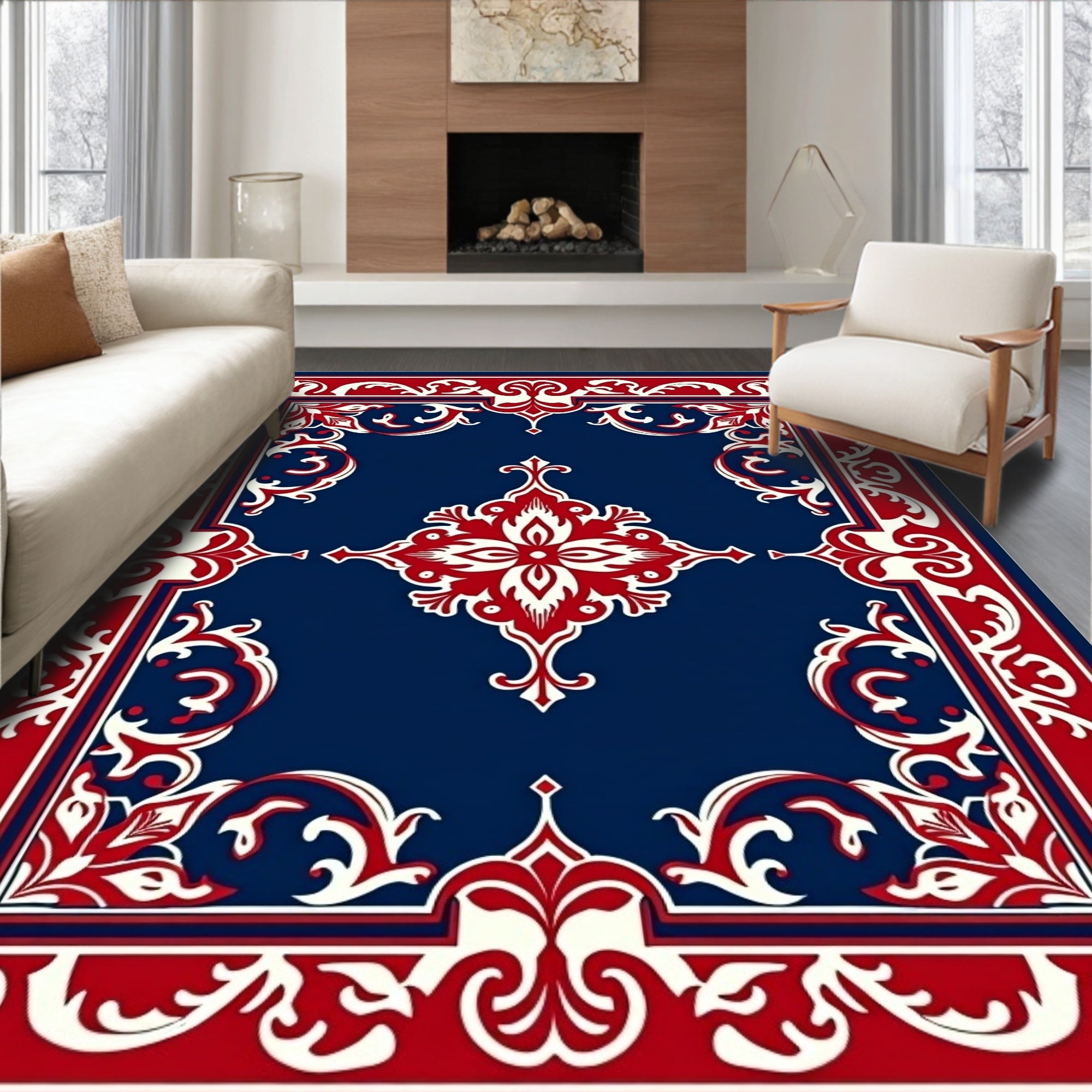 Elegant Red And White Floral Design Rug