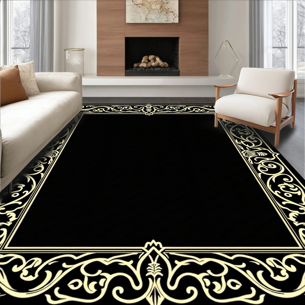 Ornate Scrollwork Black Cream Border Rug