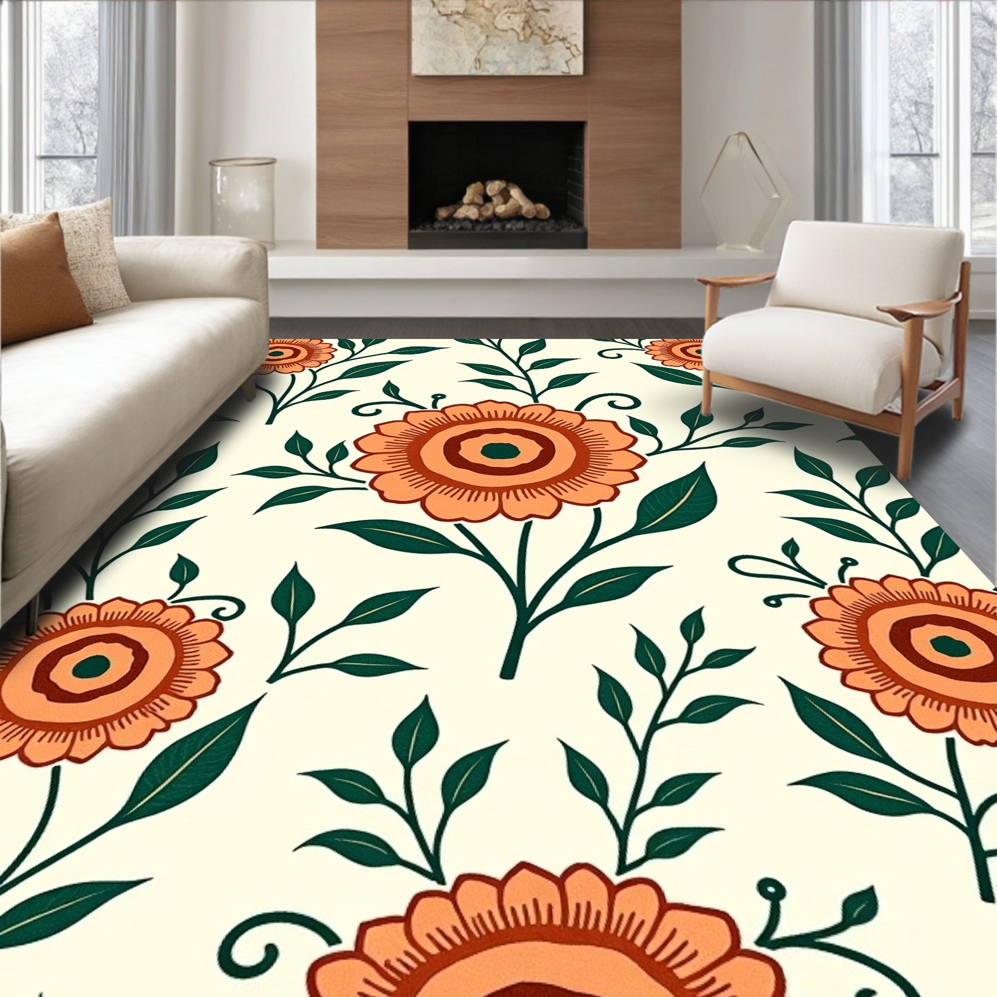 Orange Blossom Vines On Cream Rug