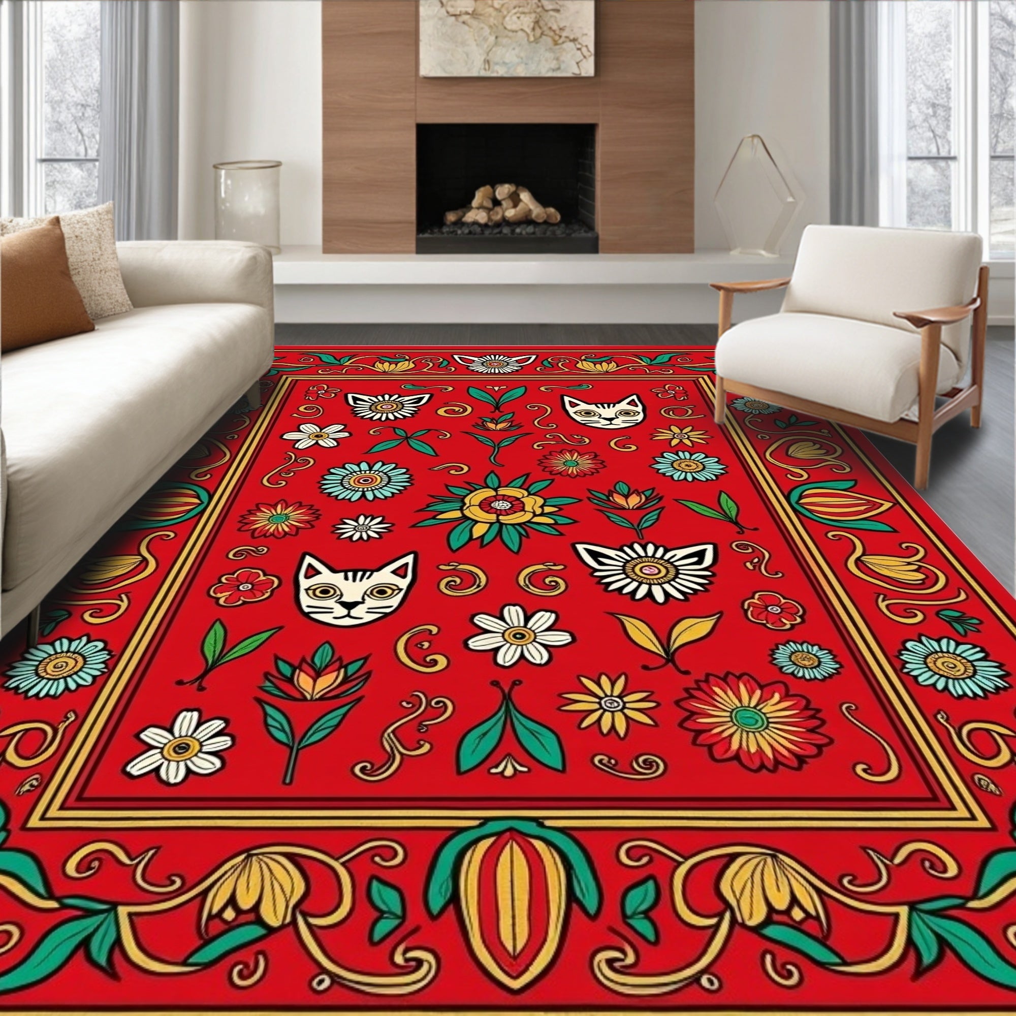 Playful Cat Floral Border Design Rug